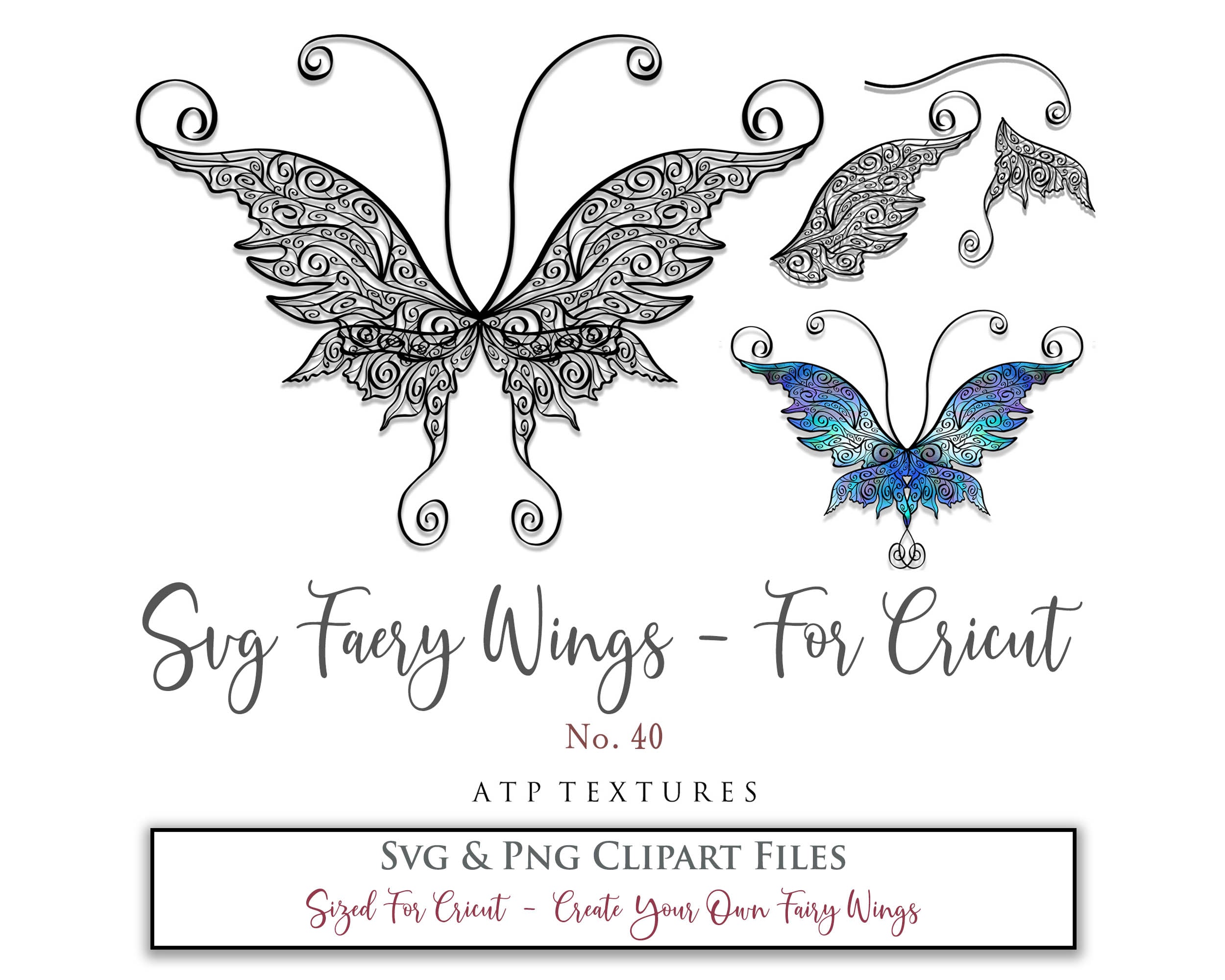 SVG & PNG Fairy/Angel Wing files for Cricut, Silhouette Cameo and other Cutting Machines. Create wearable fairy wings, all sizes. Perfect for Halloween Costumes, Fantasy, Cosplay, Photography. Prints, Wedding, Engagement, Baby Shower invitations, Sublimation Printing, Clip Art and more. Cut and assemble. ATP Textures.