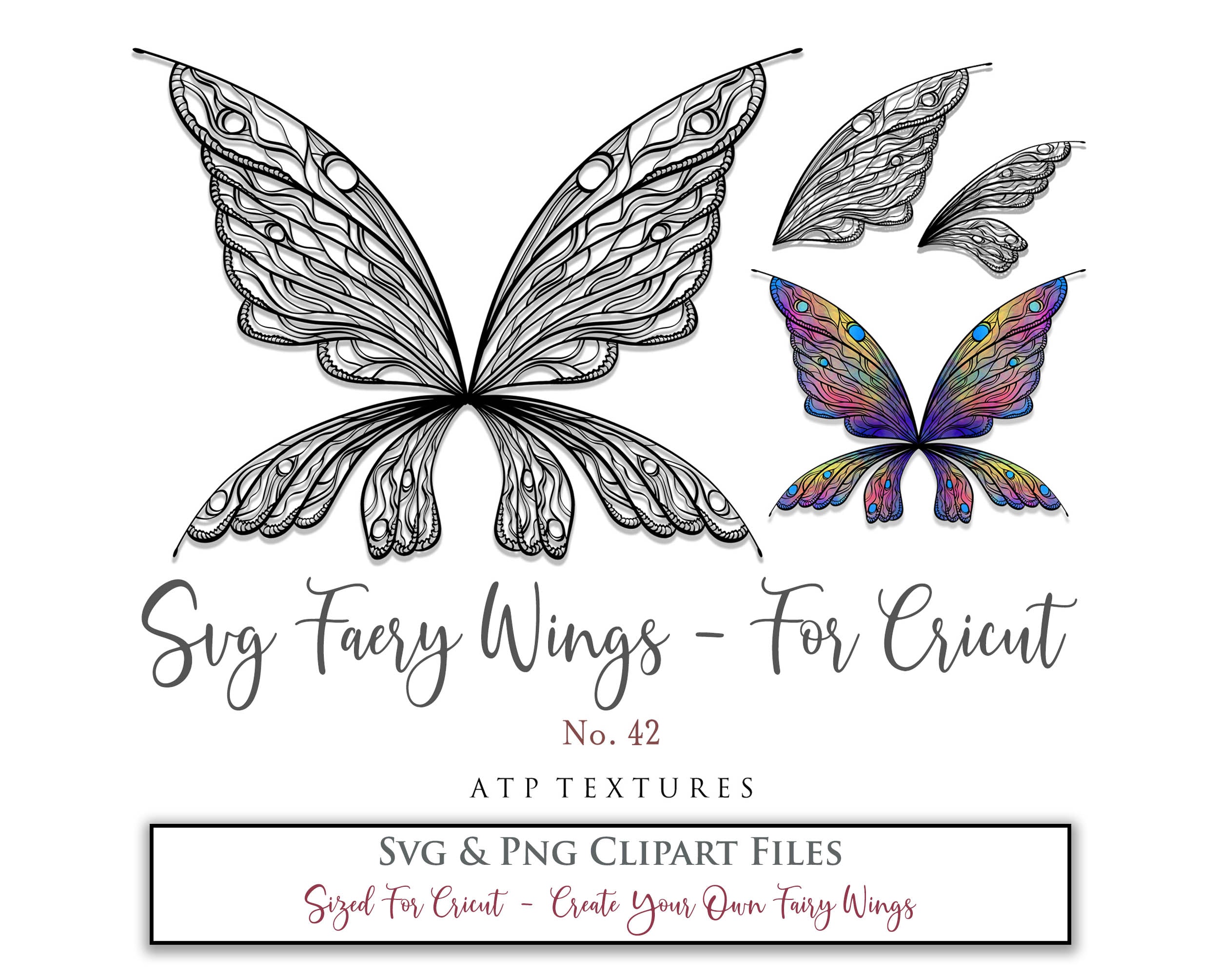 SVG & PNG Fairy/Angel Wing files for Cricut, Silhouette Cameo and other Cutting Machines. Create wearable fairy wings, all sizes. Perfect for Halloween Costumes, Fantasy, Cosplay, Photography. Prints, Wedding, Engagement, Baby Shower invitations, Sublimation Printing, Clip Art and more. Cut and assemble. ATP Textures.