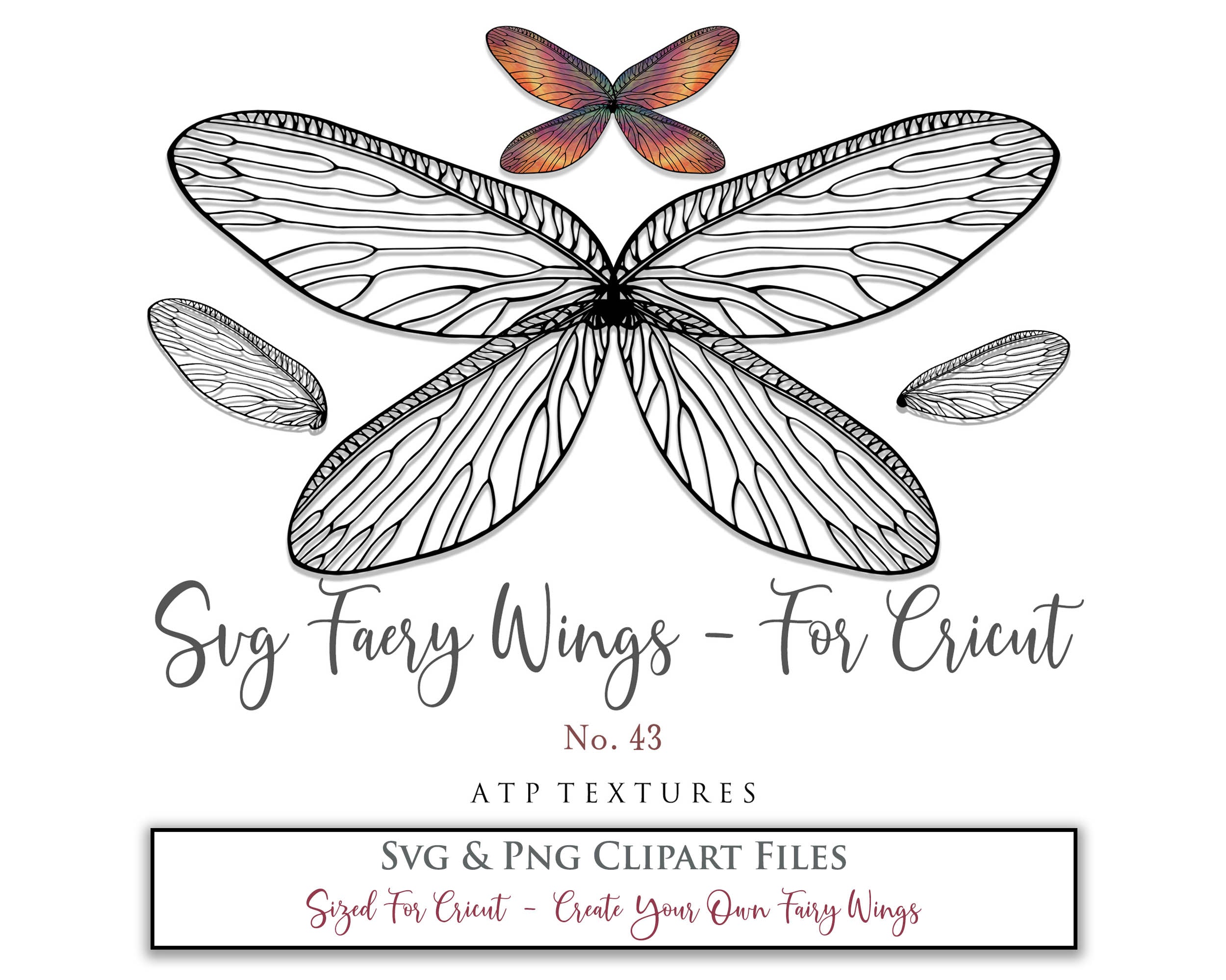 SVG & PNG Fairy/Angel Wing files for Cricut, Silhouette Cameo and other Cutting Machines. Create wearable fairy wings, all sizes. Perfect for Halloween Costumes, Fantasy, Cosplay, Photography. Prints, Wedding, Engagement, Baby Shower invitations, Sublimation Printing, Clip Art and more. Cut and assemble. ATP Textures.