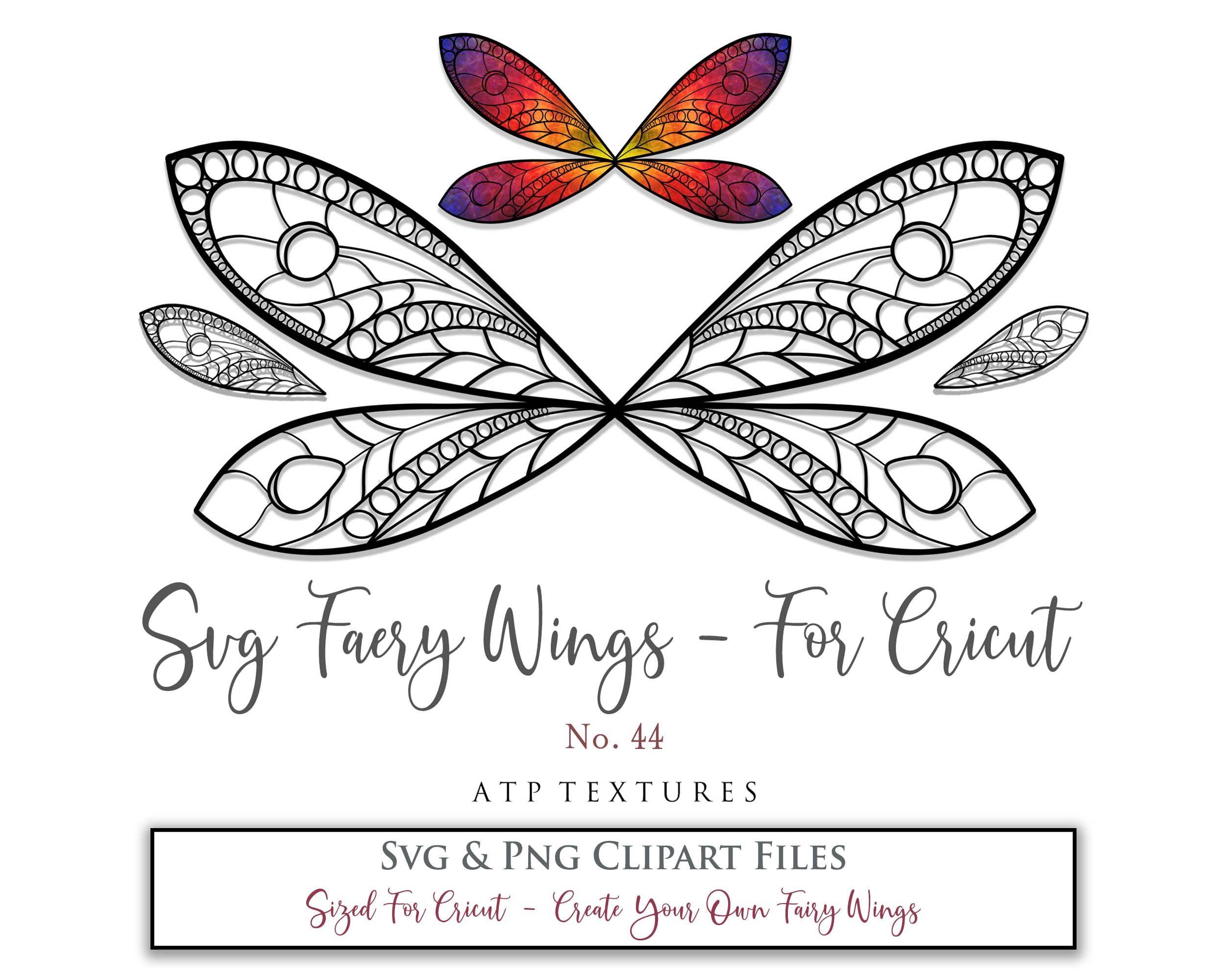 SVG & PNG Fairy/Angel Wing files for Cricut, Silhouette Cameo and other Cutting Machines. Create wearable fairy wings, all sizes. Perfect for Halloween Costumes, Fantasy, Cosplay, Photography. Prints, Wedding, Engagement, Baby Shower invitations, Sublimation Printing, Clip Art and more. Cut and assemble. ATP Textures.