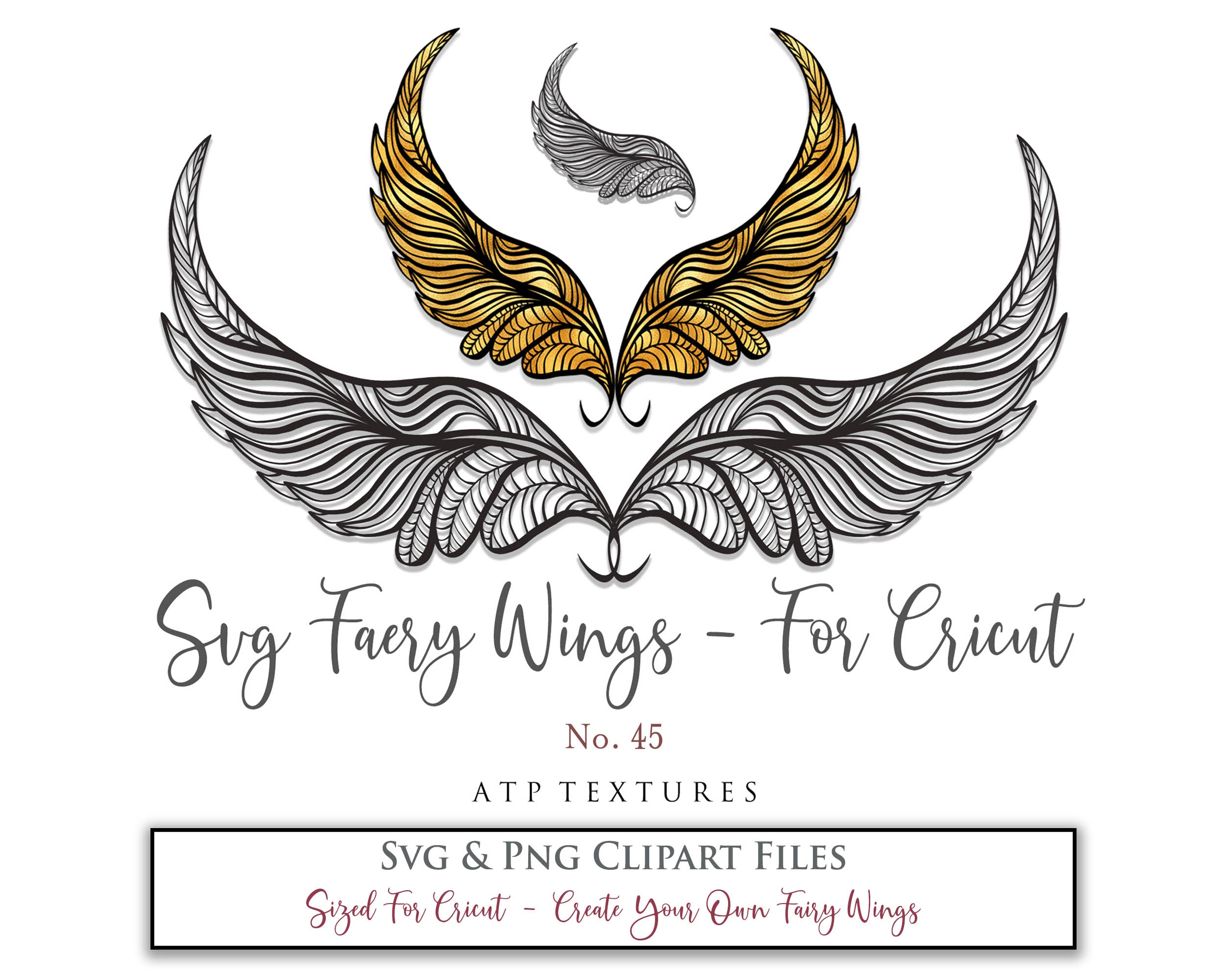 SVG & PNG Fairy/Angel Wing files for Cricut, Silhouette Cameo and other Cutting Machines. Create wearable fairy wings, all sizes. Perfect for Halloween Costumes, Fantasy, Cosplay, Photography. Prints, Wedding, Engagement, Baby Shower invitations, Sublimation Printing, Clip Art and more. Cut and assemble. ATP Textures.