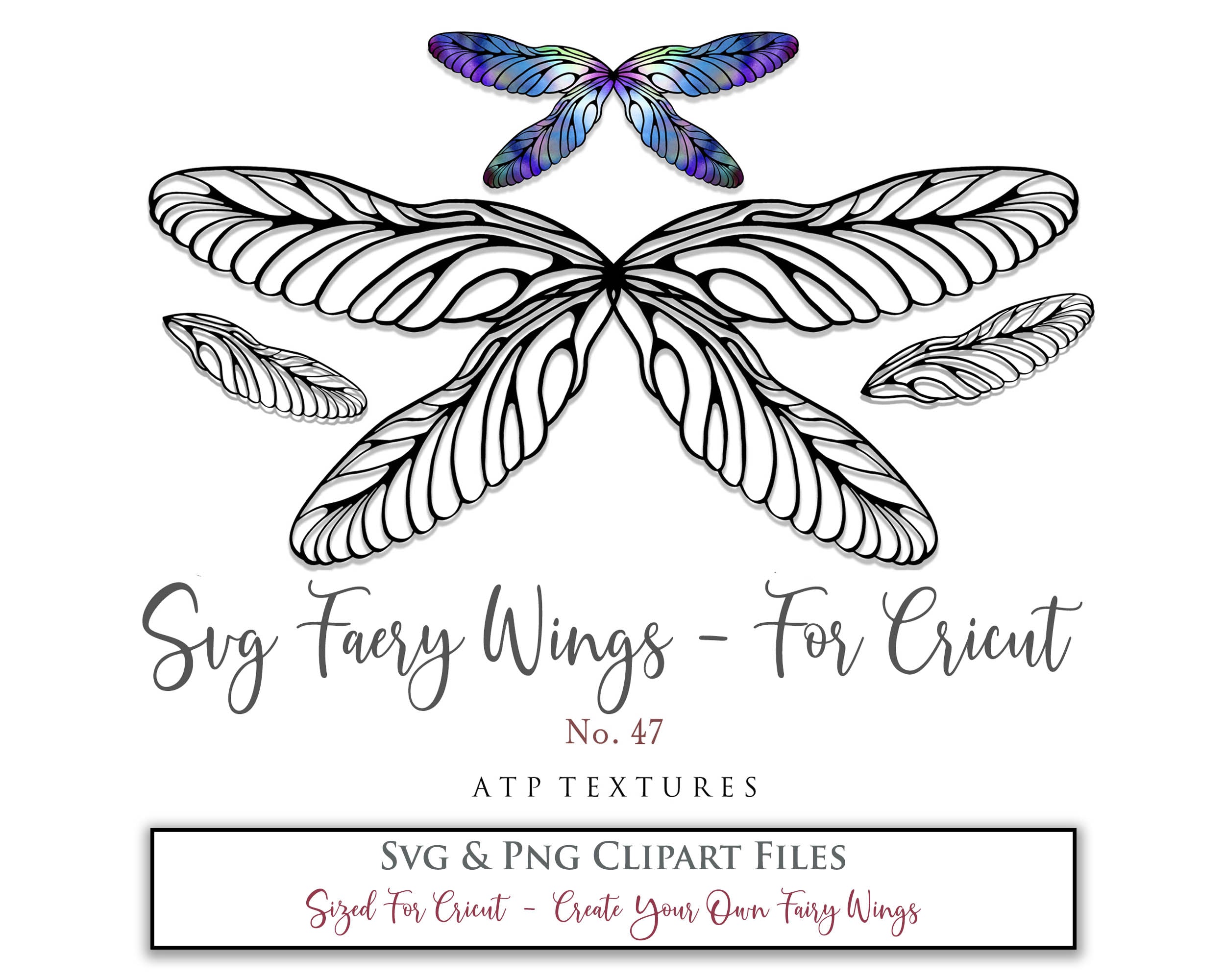 SVG & PNG Fairy/Angel Wing files for Cricut, Silhouette Cameo and other Cutting Machines. Create wearable fairy wings, all sizes. Perfect for Halloween Costumes, Fantasy, Cosplay, Photography. Prints, Wedding, Engagement, Baby Shower invitations, Sublimation Printing, Clip Art and more. Cut and assemble. ATP Textures.