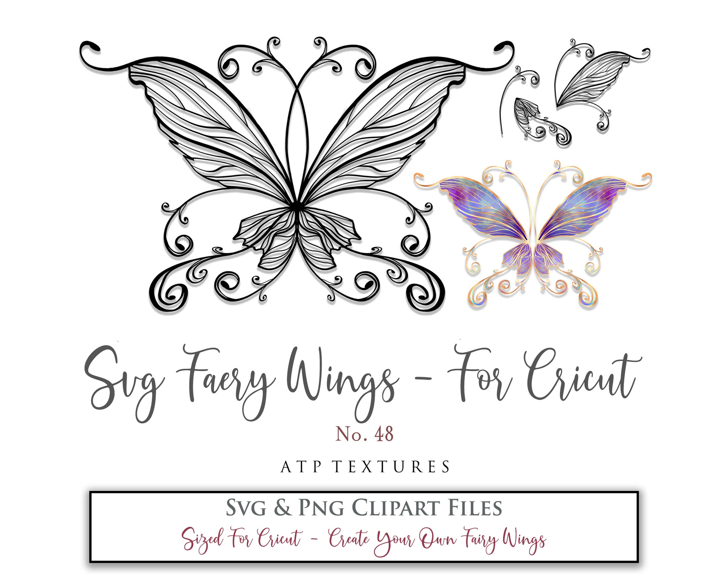 SVG & PNG Fairy/Angel Wing files for Cricut, Silhouette Cameo and other Cutting Machines. Create wearable fairy wings, all sizes. Perfect for Halloween Costumes, Fantasy, Cosplay, Photography. Prints, Wedding, Engagement, Baby Shower invitations, Sublimation Printing, Clip Art and more. Cut and assemble. ATP Textures.