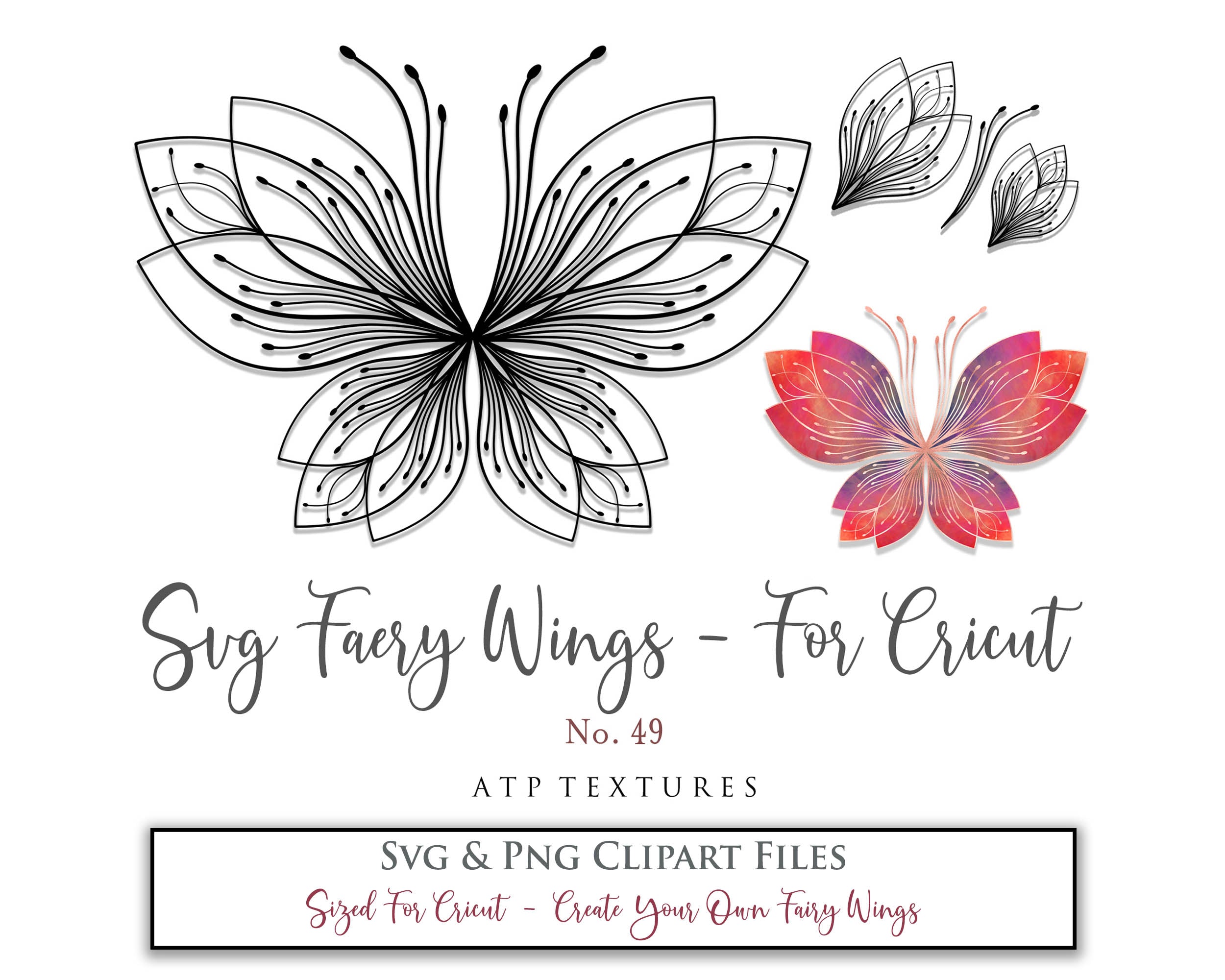 SVG & PNG Fairy/Angel Wing files for Cricut, Silhouette Cameo and other Cutting Machines. Create wearable fairy wings, all sizes. Perfect for Halloween Costumes, Fantasy, Cosplay, Photography. Prints, Wedding, Engagement, Baby Shower invitations, Sublimation Printing, Clip Art and more. Cut and assemble. ATP Textures.