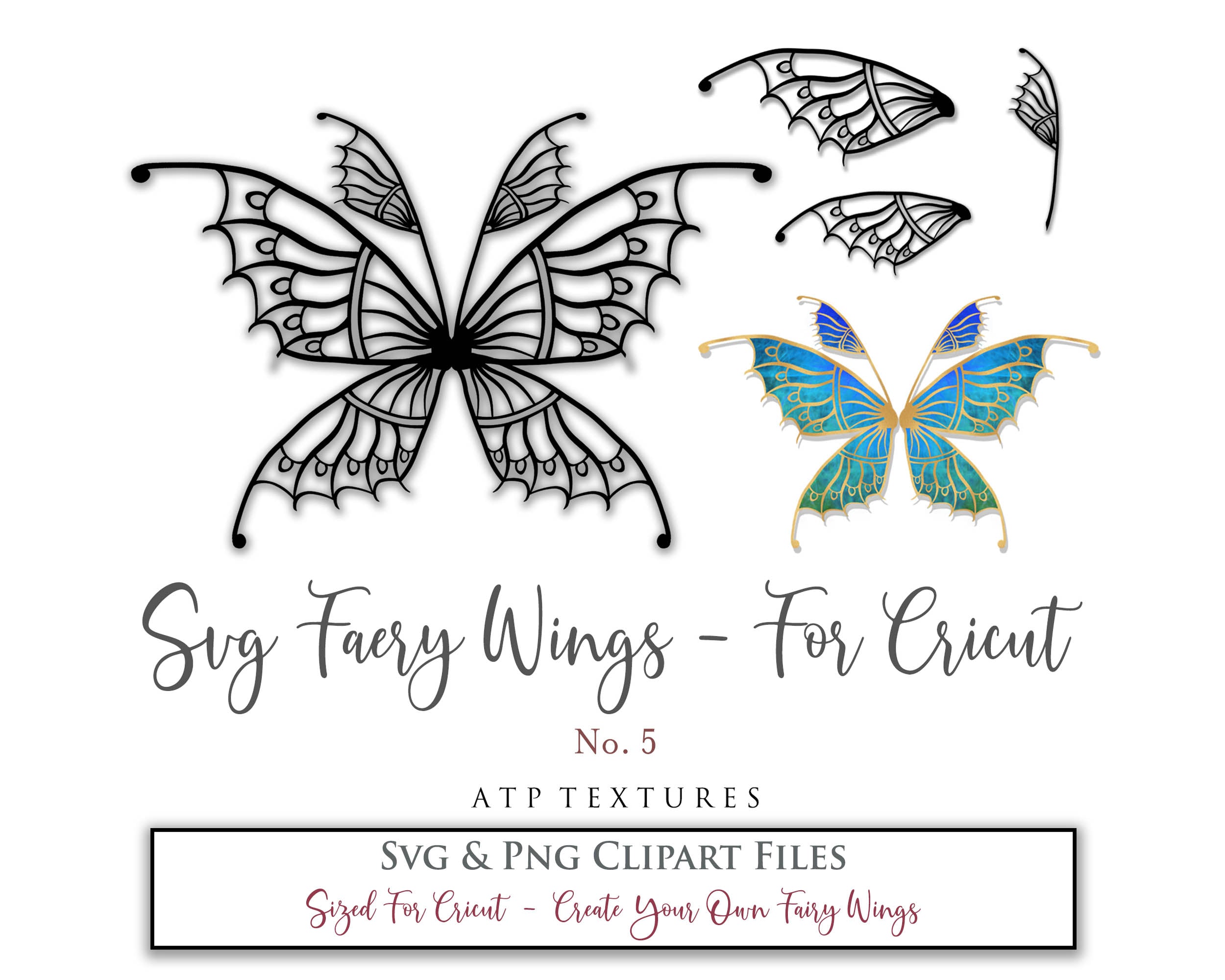 SVG & PNG Fairy/Angel Wing files for Cricut, Silhouette Cameo and other Cutting Machines. Create wearable fairy wings, all sizes. Perfect for Halloween Costumes, Fantasy, Cosplay, Photography. Prints, Wedding, Engagement, Baby Shower invitations, Sublimation Printing, Clip Art and more. Cut and assemble. ATP Textures.