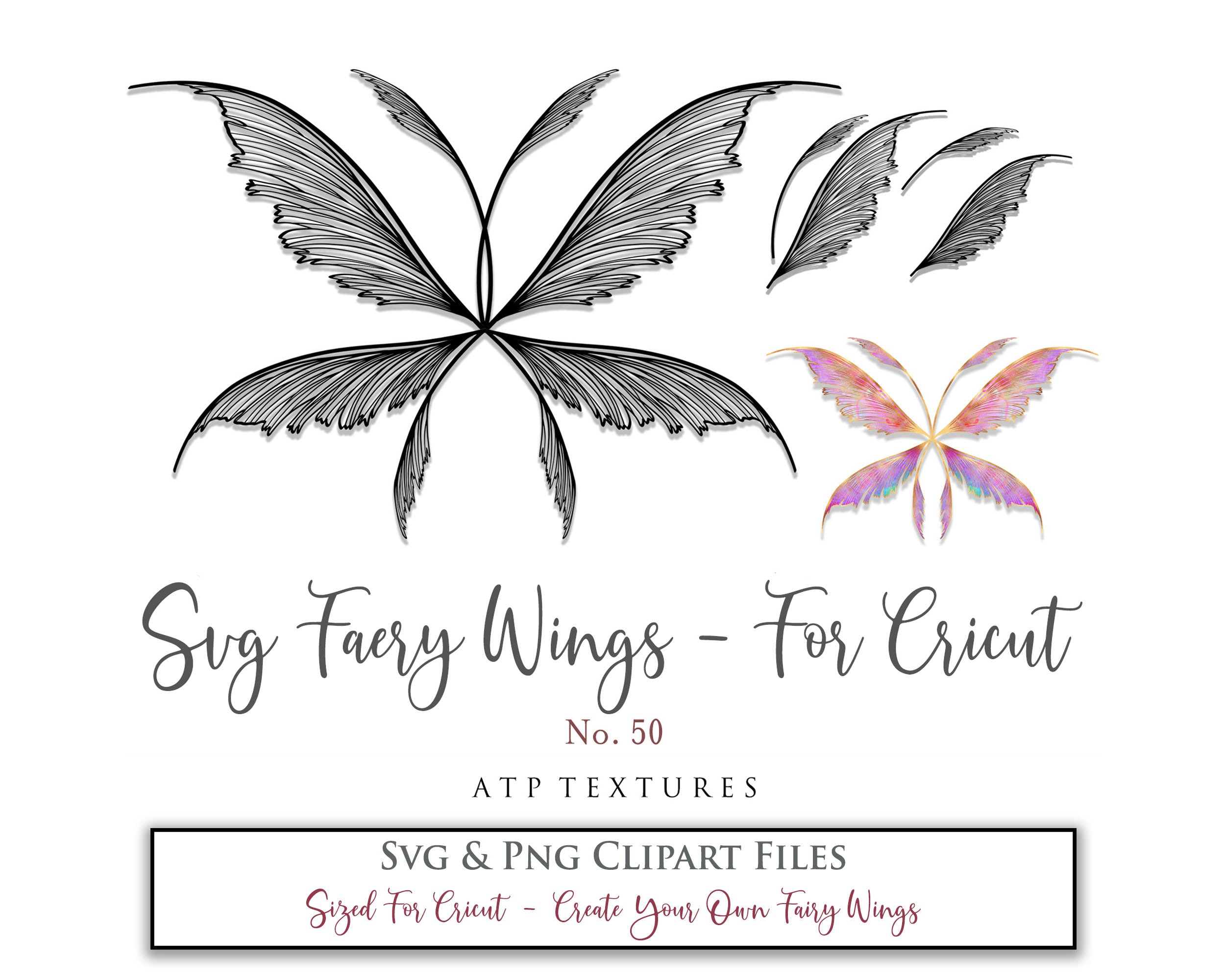 SVG & PNG Fairy/Angel Wing files for Cricut, Silhouette Cameo and other Cutting Machines. Create wearable fairy wings, all sizes. Perfect for Halloween Costumes, Fantasy, Cosplay, Photography. Prints, Wedding, Engagement, Baby Shower invitations, Sublimation Printing, Clip Art and more. Cut and assemble. ATP Textures.