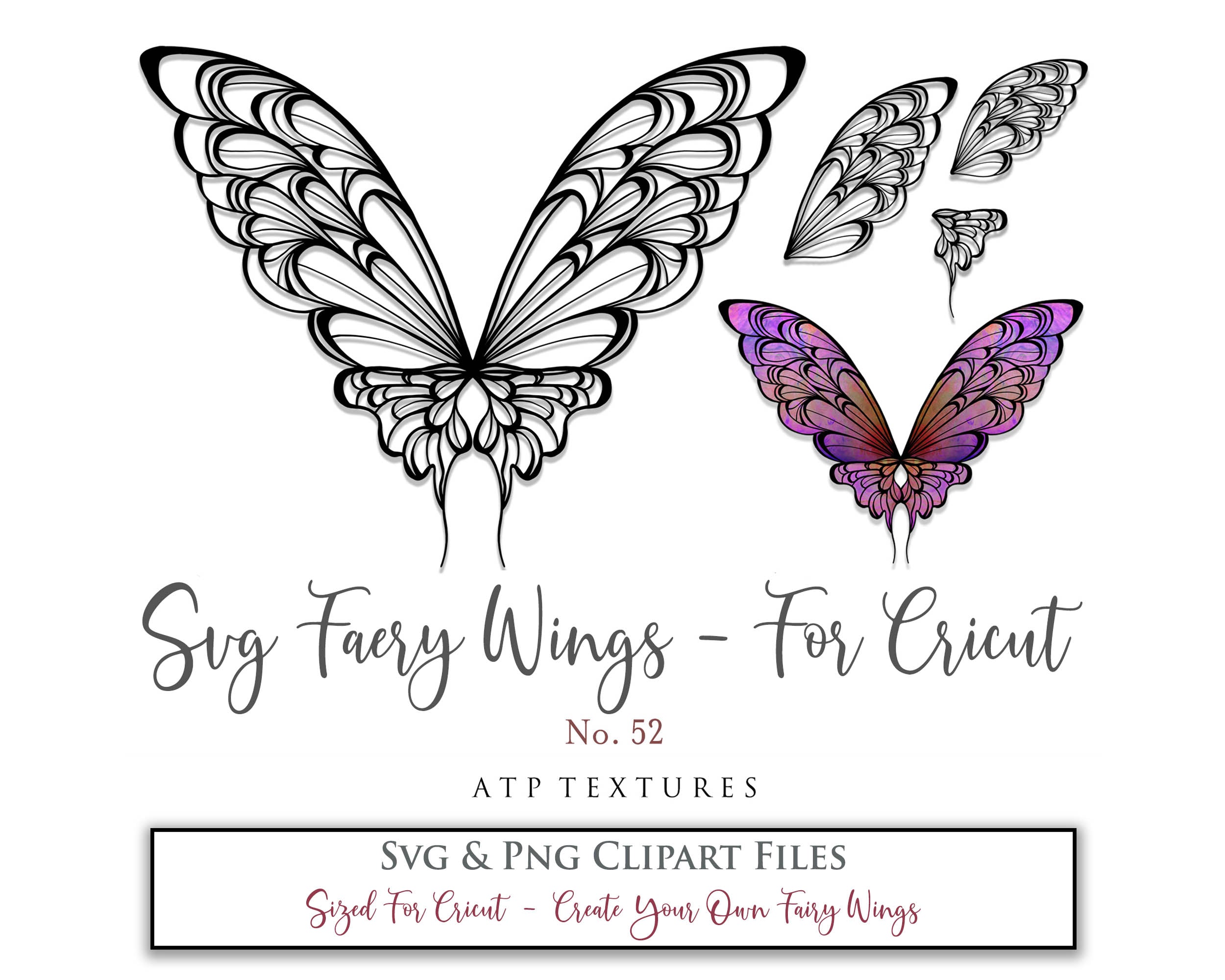 SVG & PNG Fairy/Angel Wing files for Cricut, Silhouette Cameo and other Cutting Machines. Create wearable fairy wings, all sizes. Perfect for Halloween Costumes, Fantasy, Cosplay, Photography. Prints, Wedding, Engagement, Baby Shower invitations, Sublimation Printing, Clip Art and more. Cut and assemble. ATP Textures.