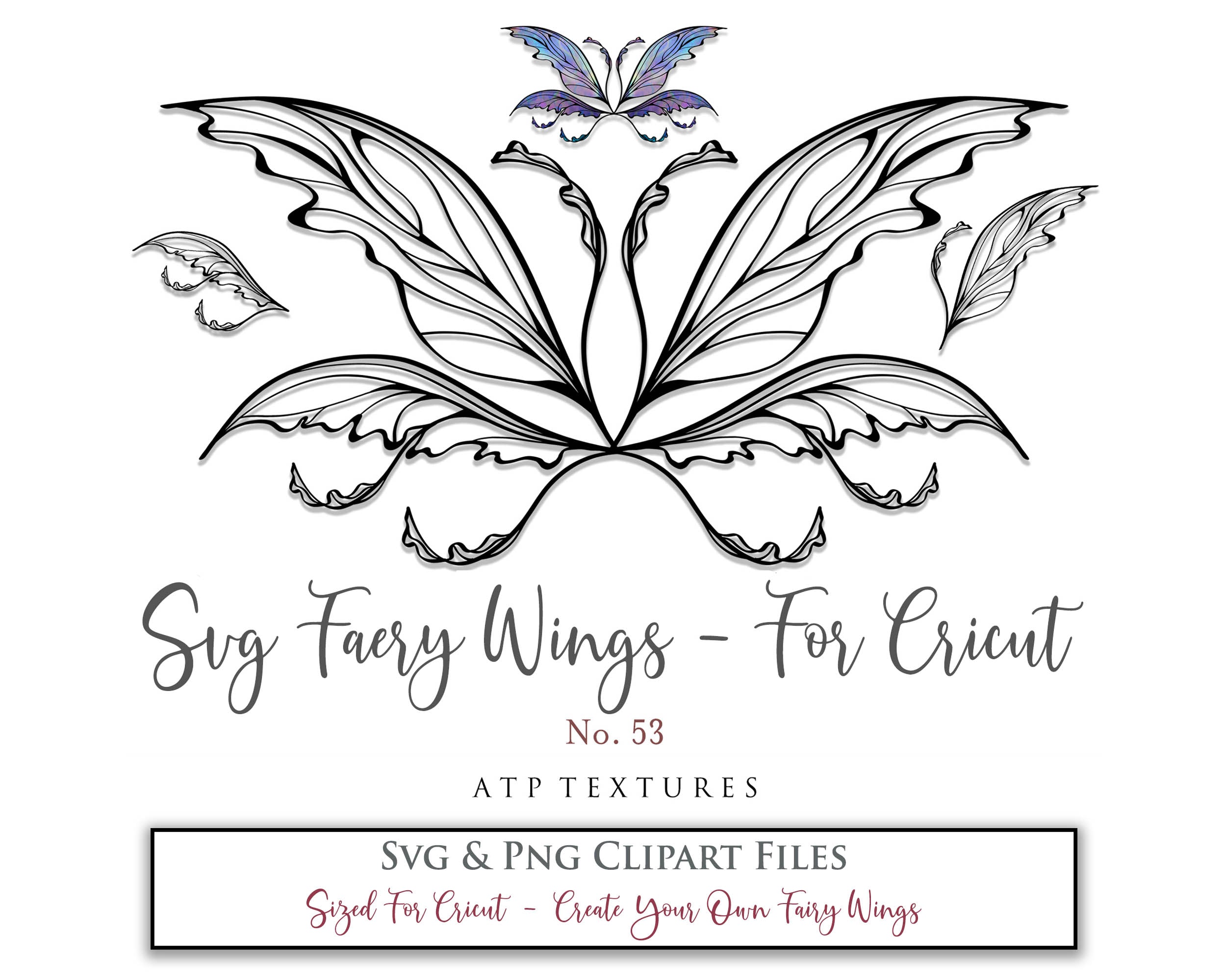 SVG & PNG Fairy/Angel Wing files for Cricut, Silhouette Cameo and other Cutting Machines. Create wearable fairy wings, all sizes. Perfect for Halloween Costumes, Fantasy, Cosplay, Photography. Prints, Wedding, Engagement, Baby Shower invitations, Sublimation Printing, Clip Art and more. Cut and assemble. ATP Textures.