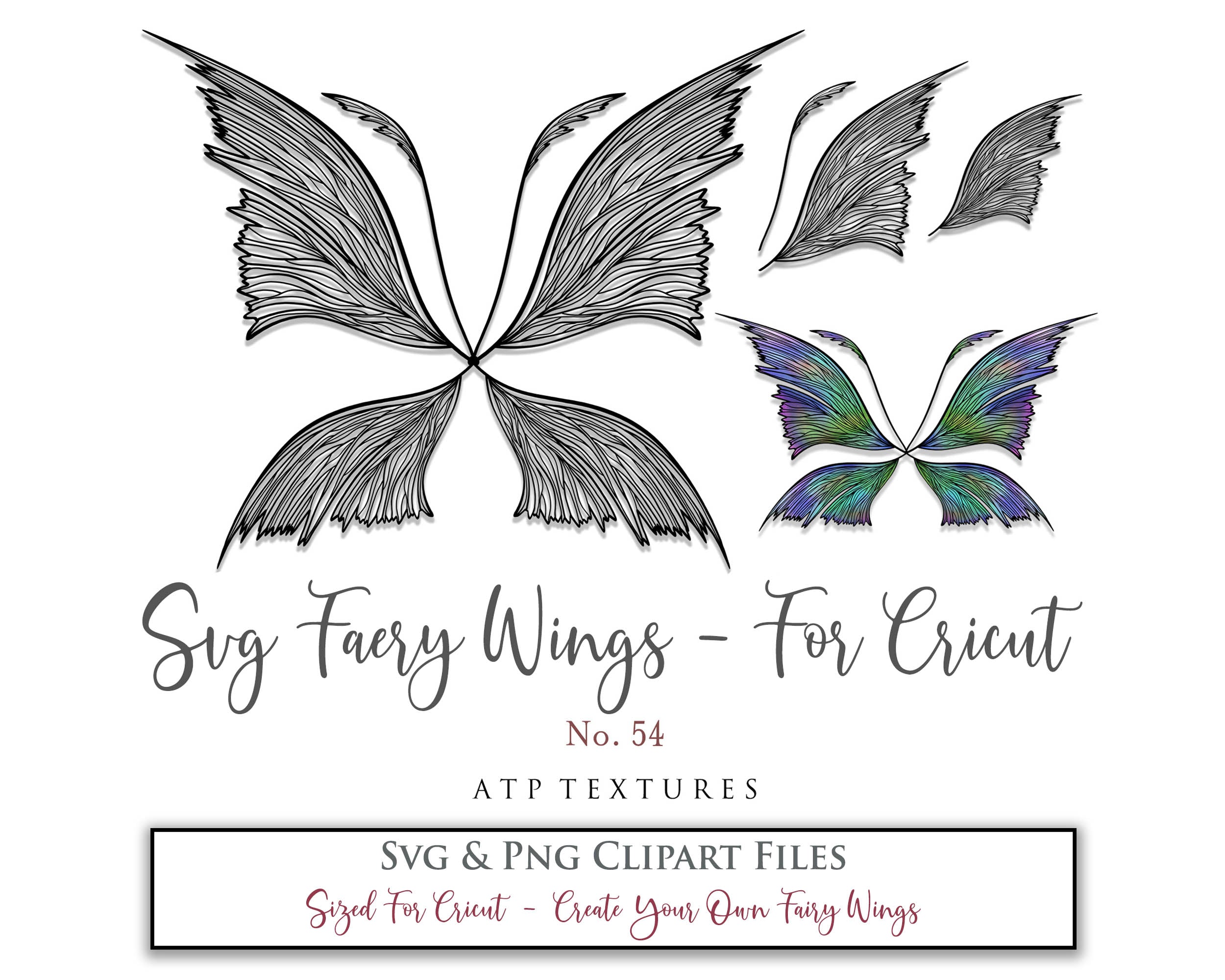 SVG & PNG Fairy/Angel Wing files for Cricut, Silhouette Cameo and other Cutting Machines. Create wearable fairy wings, all sizes. Perfect for Halloween Costumes, Fantasy, Cosplay, Photography. Prints, Wedding, Engagement, Baby Shower invitations, Sublimation Printing, Clip Art and more. Cut and assemble. ATP Textures.