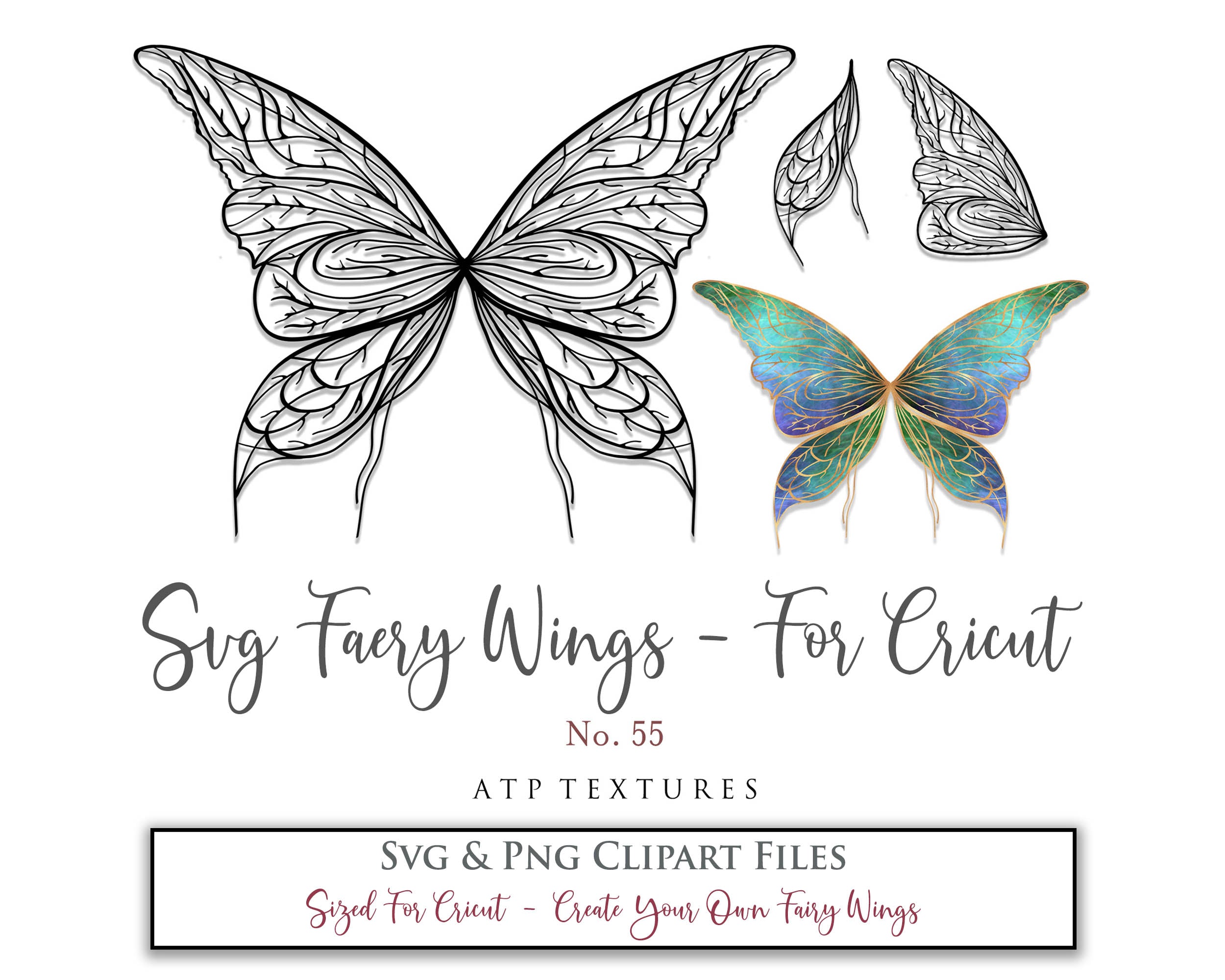 SVG & PNG Fairy/Angel Wing files for Cricut, Silhouette Cameo and other Cutting Machines. Create wearable fairy wings, all sizes. Perfect for Halloween Costumes, Fantasy, Cosplay, Photography. Prints, Wedding, Engagement, Baby Shower invitations, Sublimation Printing, Clip Art and more. Cut and assemble. ATP Textures.