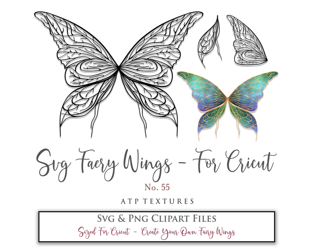 SVG & PNG Fairy/Angel Wing files for Cricut, Silhouette Cameo and other Cutting Machines. Create wearable fairy wings, all sizes. Perfect for Halloween Costumes, Fantasy, Cosplay, Photography. Prints, Wedding, Engagement, Baby Shower invitations, Sublimation Printing, Clip Art and more. Cut and assemble. ATP Textures.