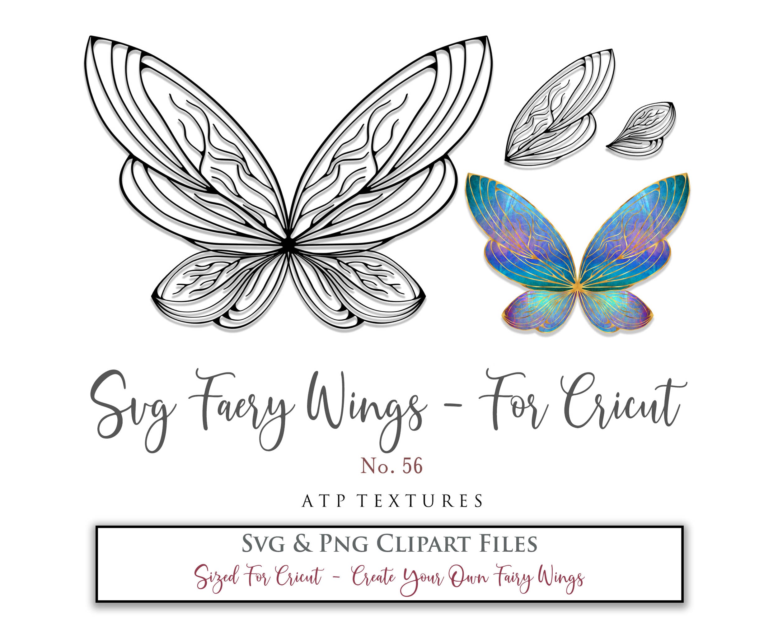SVG & PNG Fairy/Angel Wing files for Cricut, Silhouette Cameo and other Cutting Machines. Create wearable fairy wings, all sizes. Perfect for Halloween Costumes, Fantasy, Cosplay, Photography. Prints, Wedding, Engagement, Baby Shower invitations, Sublimation Printing, Clip Art and more. Cut and assemble. ATP Textures.