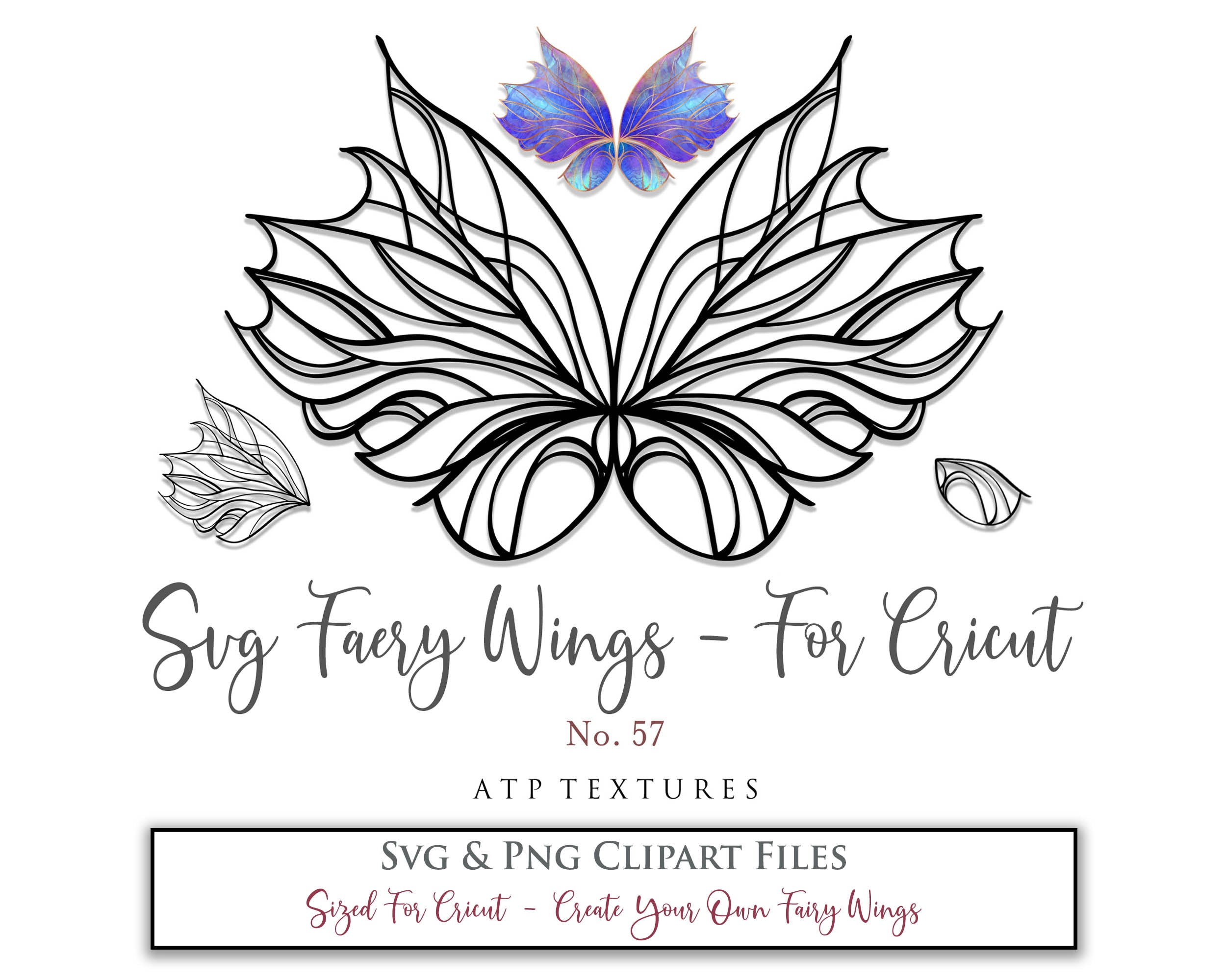 SVG & PNG Fairy/Angel Wing files for Cricut, Silhouette Cameo and other Cutting Machines. Create wearable fairy wings, all sizes. Perfect for Halloween Costumes, Fantasy, Cosplay, Photography. Prints, Wedding, Engagement, Baby Shower invitations, Sublimation Printing, Clip Art and more. Cut and assemble. ATP Textures.