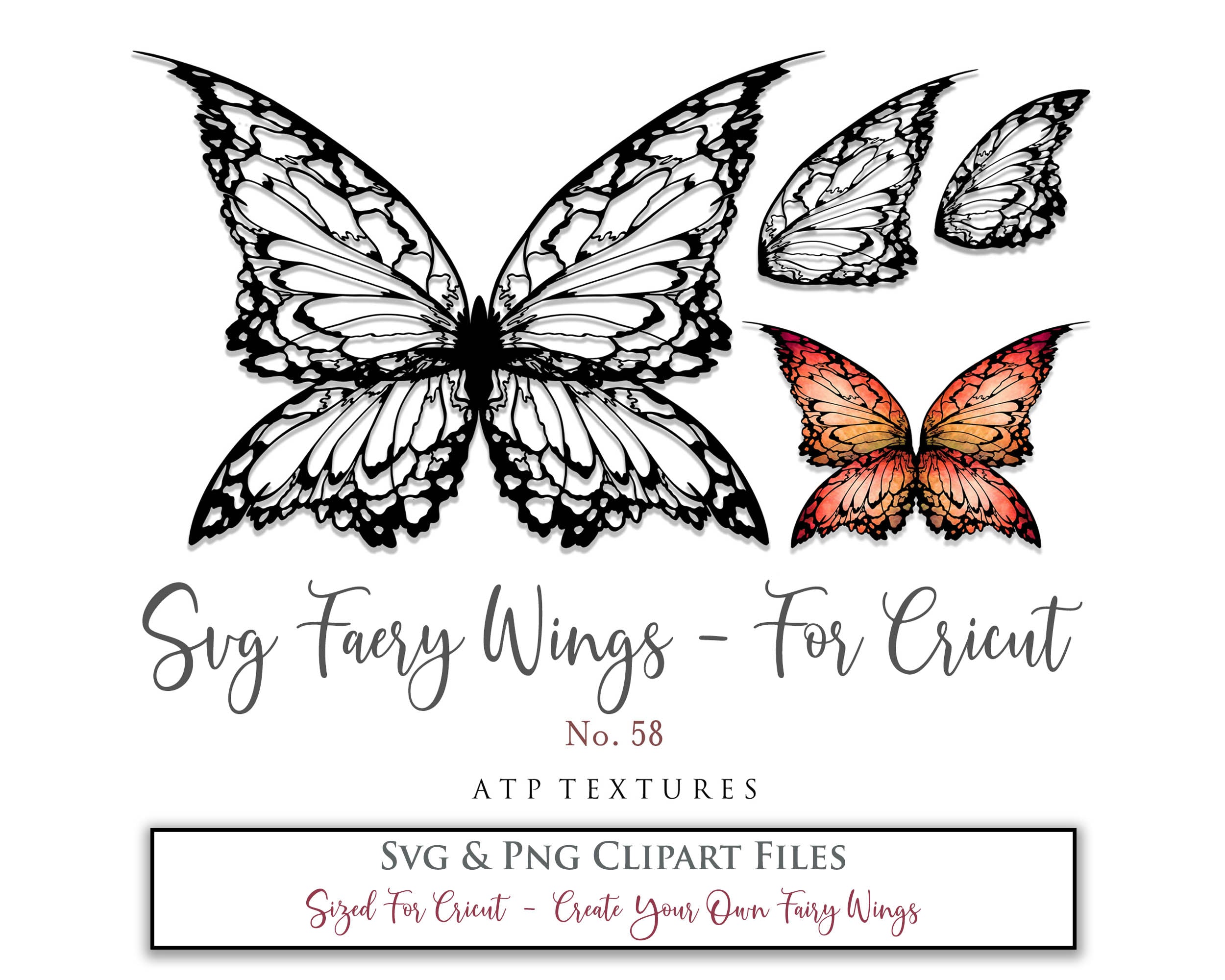 SVG & PNG Fairy/Angel Wing files for Cricut, Silhouette Cameo and other Cutting Machines. Create wearable fairy wings, all sizes. Perfect for Halloween Costumes, Fantasy, Cosplay, Photography. Prints, Wedding, Engagement, Baby Shower invitations, Sublimation Printing, Clip Art and more. Cut and assemble. ATP Textures.
