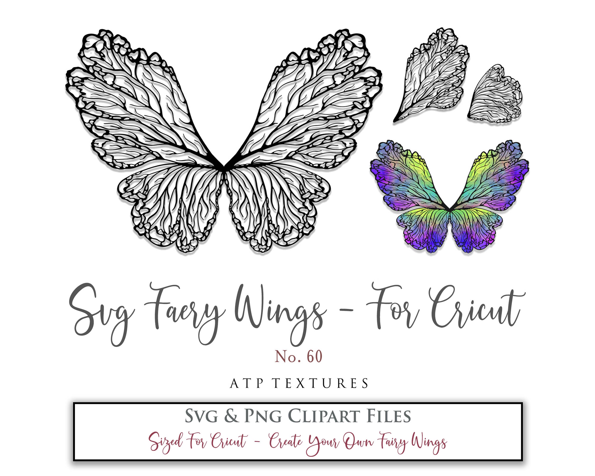 SVG & PNG Fairy/Angel Wing files for Cricut, Silhouette Cameo and other Cutting Machines. Create wearable fairy wings, all sizes. Perfect for Halloween Costumes, Fantasy, Cosplay, Photography. Prints, Wedding, Engagement, Baby Shower invitations, Sublimation Printing, Clip Art and more. Cut and assemble. ATP Textures.