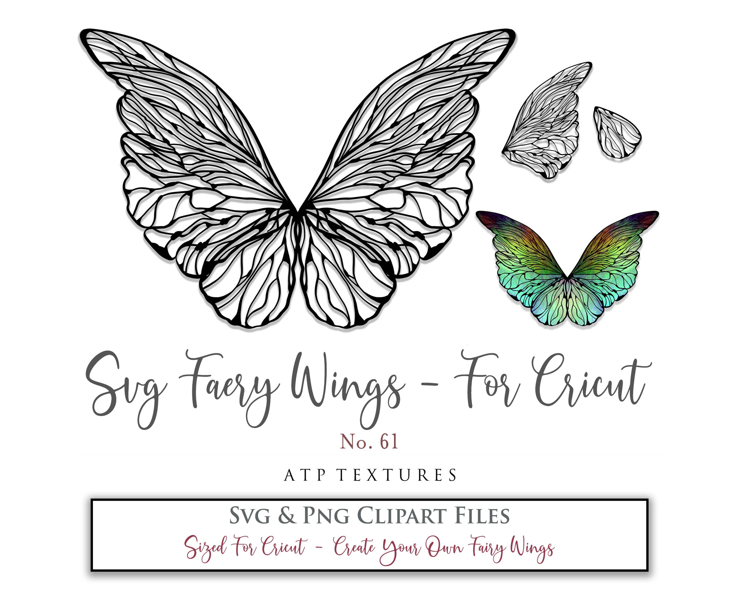 SVG & PNG Fairy/Angel Wing files for Cricut, Silhouette Cameo and other Cutting Machines. Create wearable fairy wings, all sizes. Perfect for Halloween Costumes, Fantasy, Cosplay, Photography. Prints, Wedding, Engagement, Baby Shower invitations, Sublimation Printing, Clip Art and more. Cut and assemble. ATP Textures.