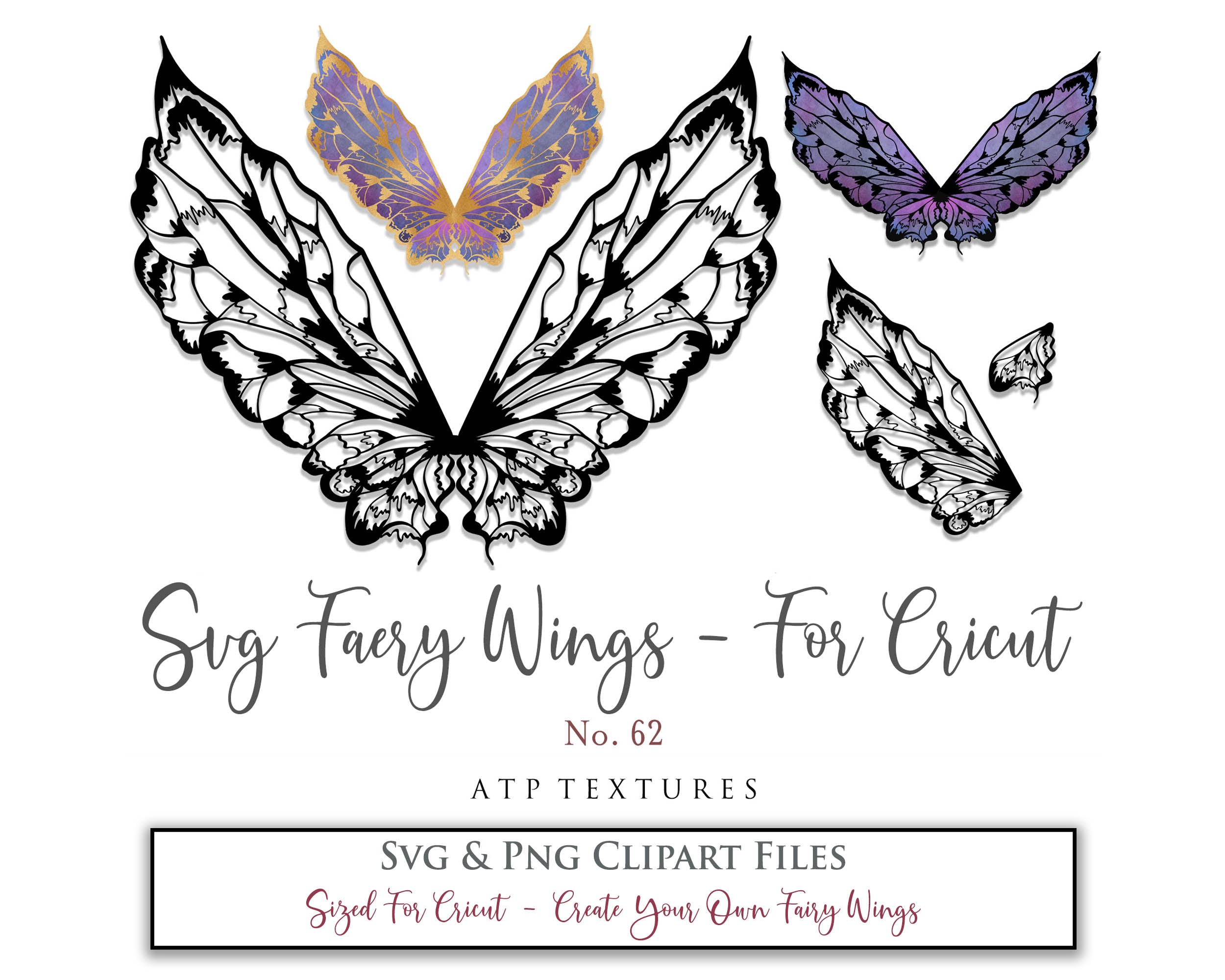 SVG & PNG Fairy/Angel Wing files for Cricut, Silhouette Cameo and other Cutting Machines. Create wearable fairy wings, all sizes. Perfect for Halloween Costumes, Fantasy, Cosplay, Photography. Prints, Wedding, Engagement, Baby Shower invitations, Sublimation Printing, Clip Art and more. Cut and assemble. ATP Textures.