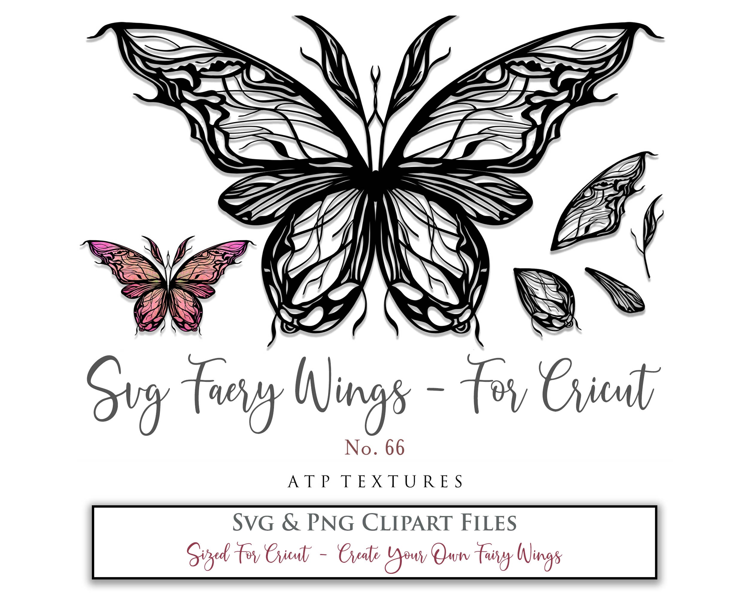 SVG & PNG Fairy/Angel Wing files for Cricut, Silhouette Cameo and other Cutting Machines. Create wearable fairy wings, all sizes. Perfect for Halloween Costumes, Fantasy, Cosplay, Photography. Prints, Wedding, Engagement, Baby Shower invitations, Sublimation Printing, Clip Art and more. Cut and assemble. ATP Textures.