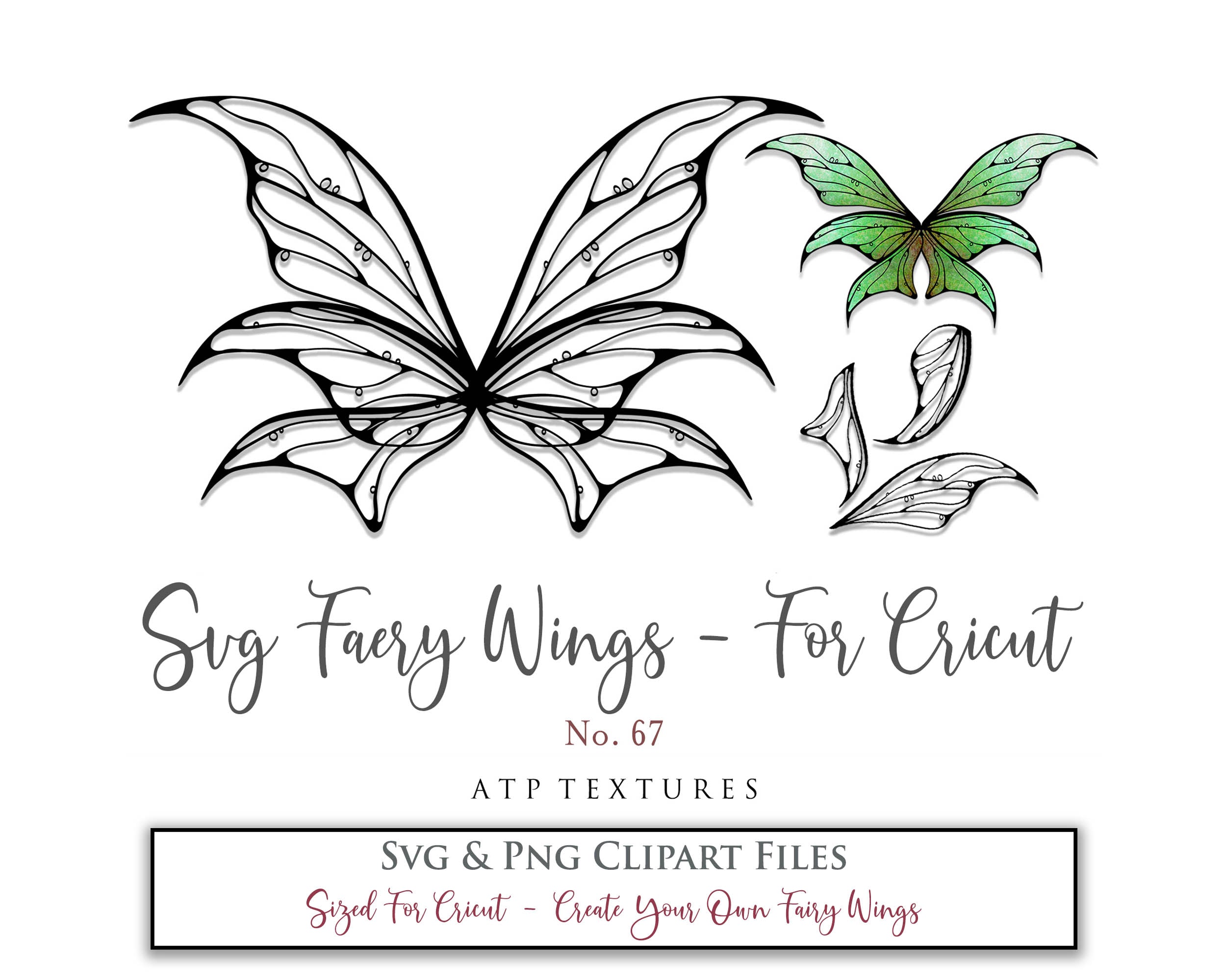 SVG & PNG Fairy/Angel Wing files for Cricut, Silhouette Cameo and other Cutting Machines. Create wearable fairy wings, all sizes. Perfect for Halloween Costumes, Fantasy, Cosplay, Photography. Prints, Wedding, Engagement, Baby Shower invitations, Sublimation Printing, Clip Art and more. Cut and assemble. ATP Textures.