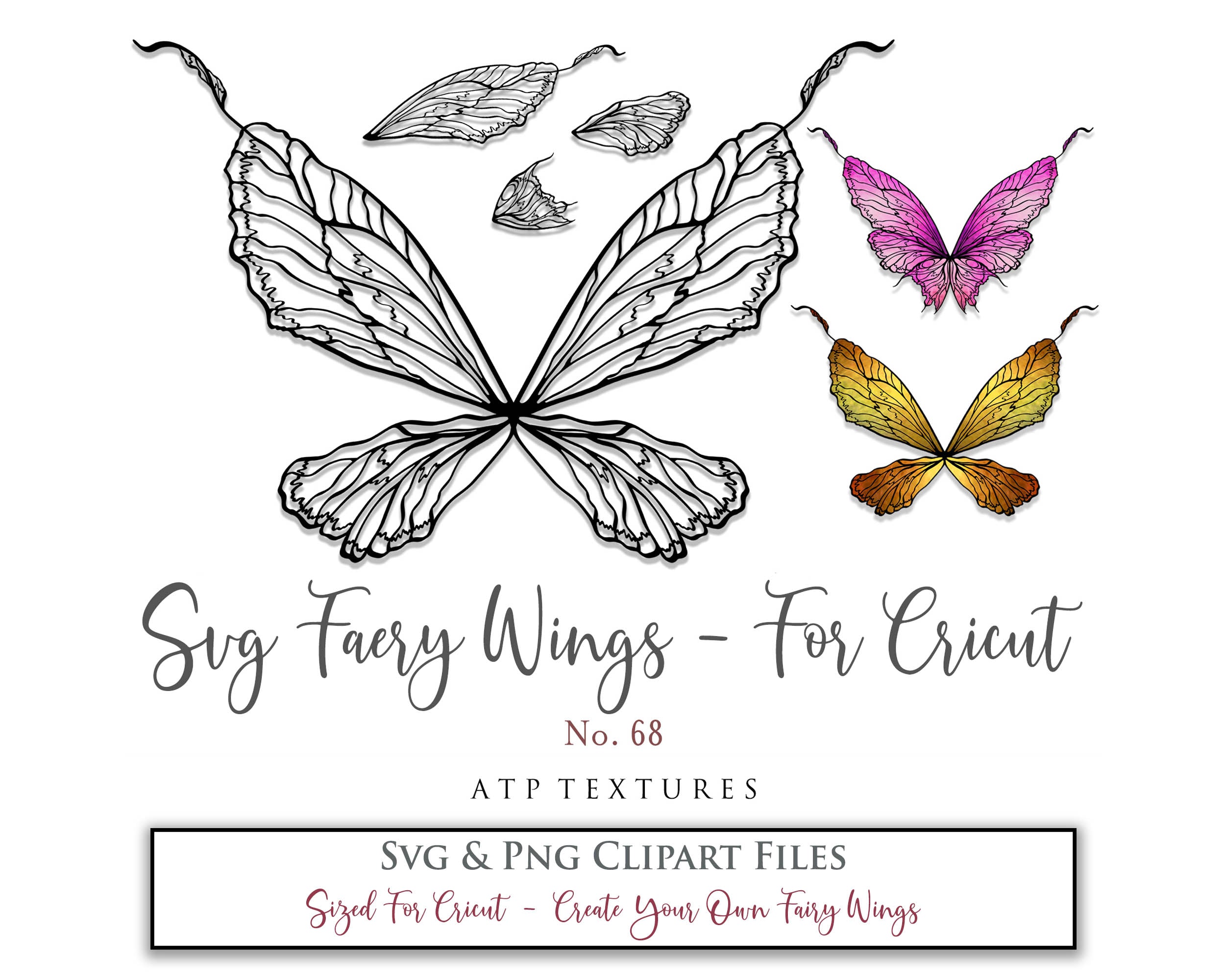 SVG & PNG Fairy/Angel Wing files for Cricut, Silhouette Cameo and other Cutting Machines. Create wearable fairy wings, all sizes. Perfect for Halloween Costumes, Fantasy, Cosplay, Photography. Prints, Wedding, Engagement, Baby Shower invitations, Sublimation Printing, Clip Art and more. Cut and assemble. ATP Textures.