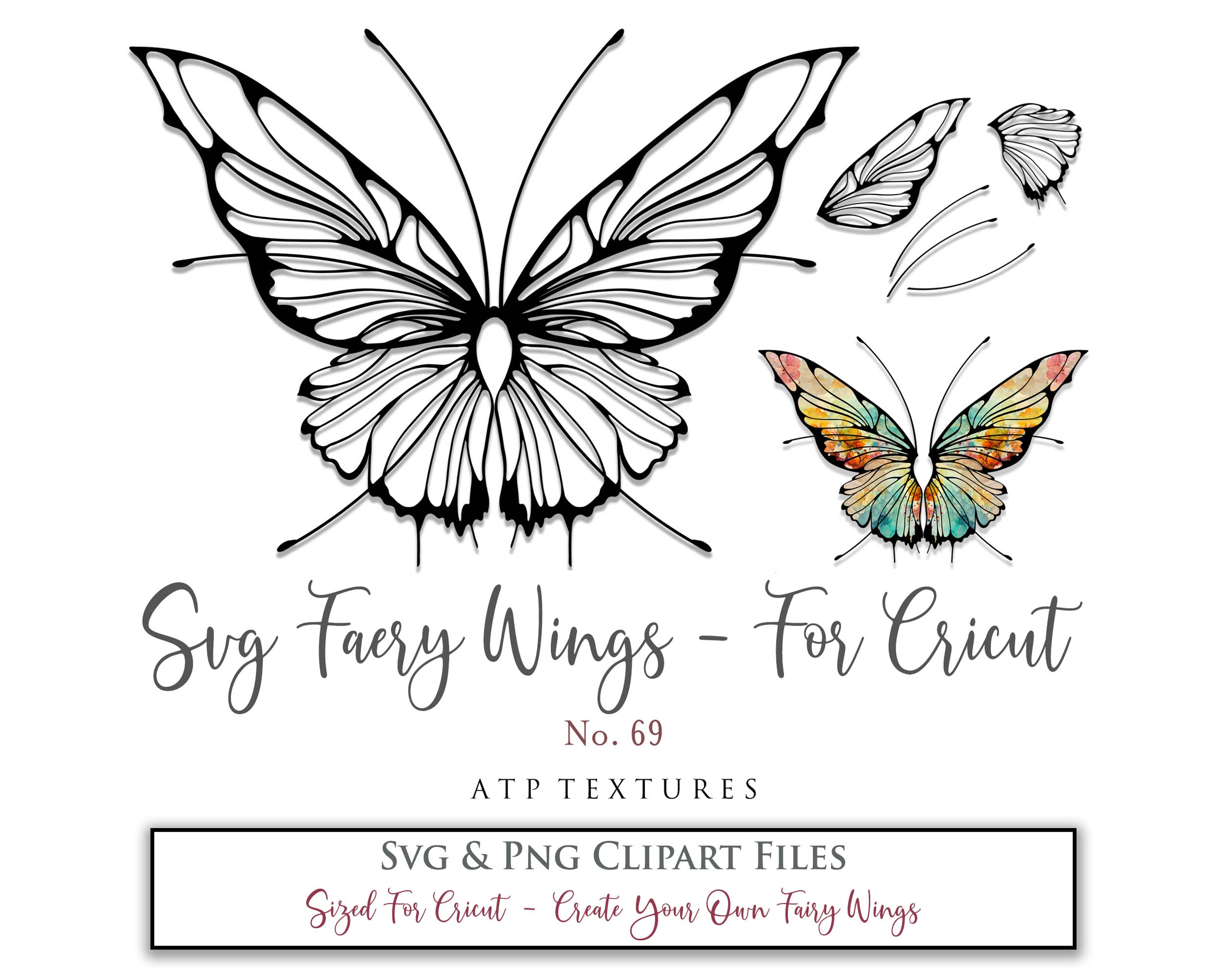 SVG & PNG Fairy/Angel Wing files for Cricut, Silhouette Cameo and other Cutting Machines. Create wearable fairy wings, all sizes. Perfect for Halloween Costumes, Fantasy, Cosplay, Photography. Prints, Wedding, Engagement, Baby Shower invitations, Sublimation Printing, Clip Art and more. Cut and assemble. ATP Textures.