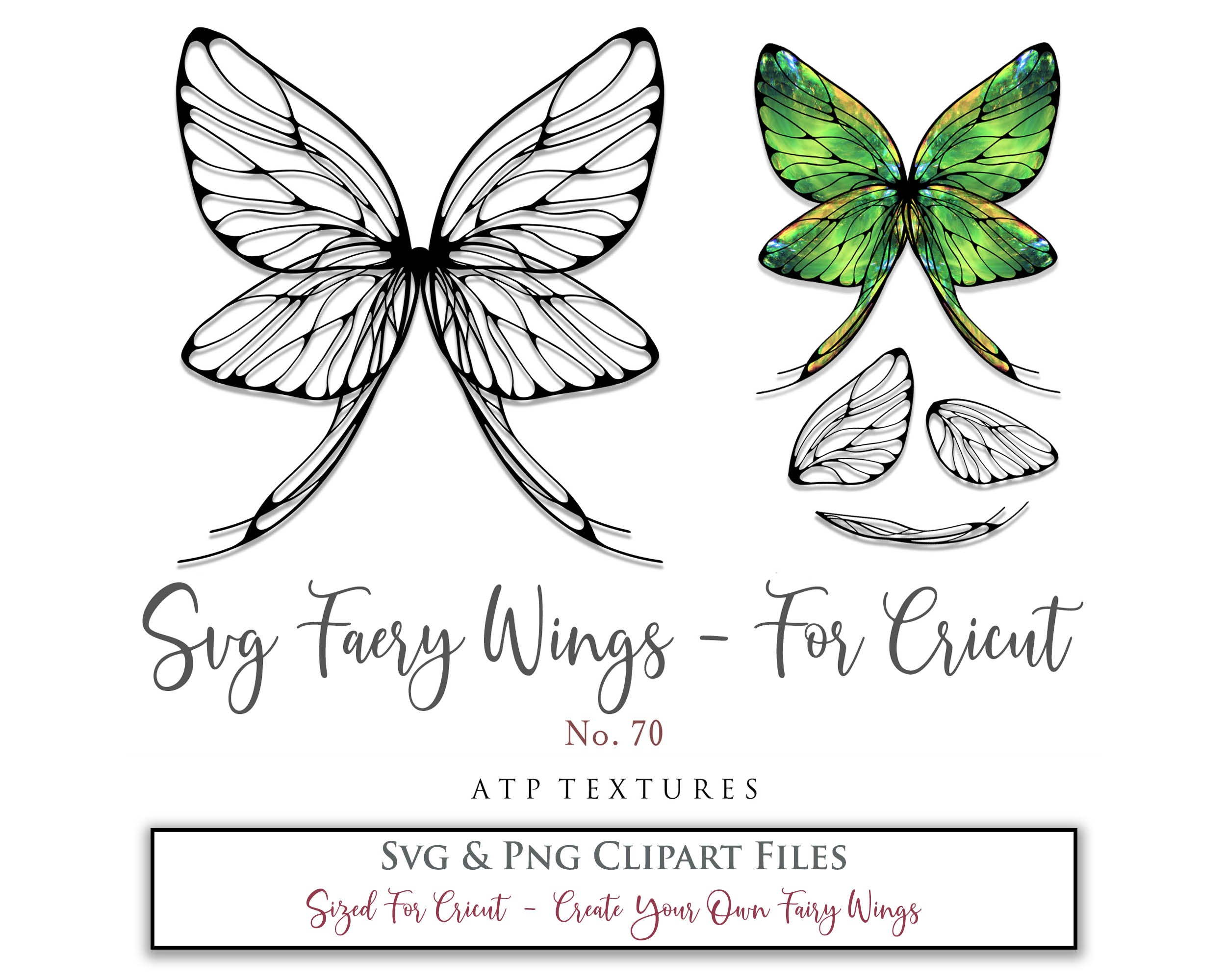 SVG & PNG Fairy/Angel Wing files for Cricut, Silhouette Cameo and other Cutting Machines. Create wearable fairy wings, all sizes. Perfect for Halloween Costumes, Fantasy, Cosplay, Photography. Prints, Wedding, Engagement, Baby Shower invitations, Sublimation Printing, Clip Art and more. Cut and assemble. ATP Textures.