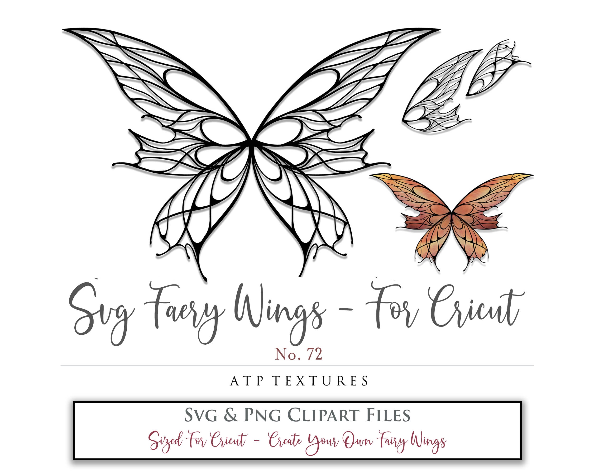 SVG & PNG Fairy/Angel Wing files for Cricut, Silhouette Cameo and other Cutting Machines. Create wearable fairy wings, all sizes. Perfect for Halloween Costumes, Fantasy, Cosplay, Photography. Prints, Wedding, Engagement, Baby Shower invitations, Sublimation Printing, Clip Art and more. Cut and assemble. ATP Textures.