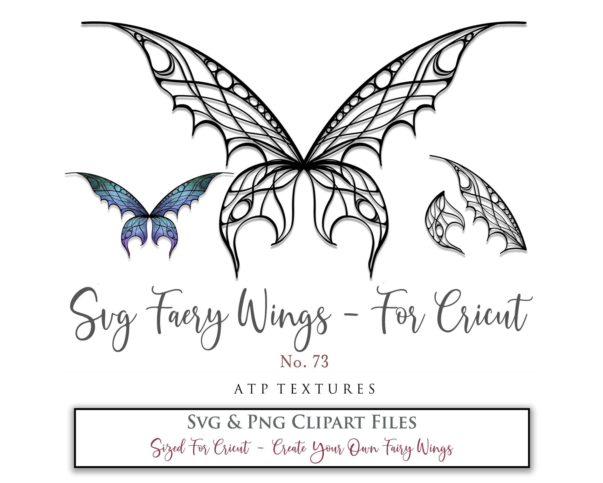 SVG & PNG Fairy/Angel Wing files for Cricut, Silhouette Cameo and other Cutting Machines. Create wearable fairy wings, all sizes. Perfect for Halloween Costumes, Fantasy, Cosplay, Photography. Prints, Wedding, Engagement, Baby Shower invitations, Sublimation Printing, Clip Art and more. Cut and assemble. ATP Textures.