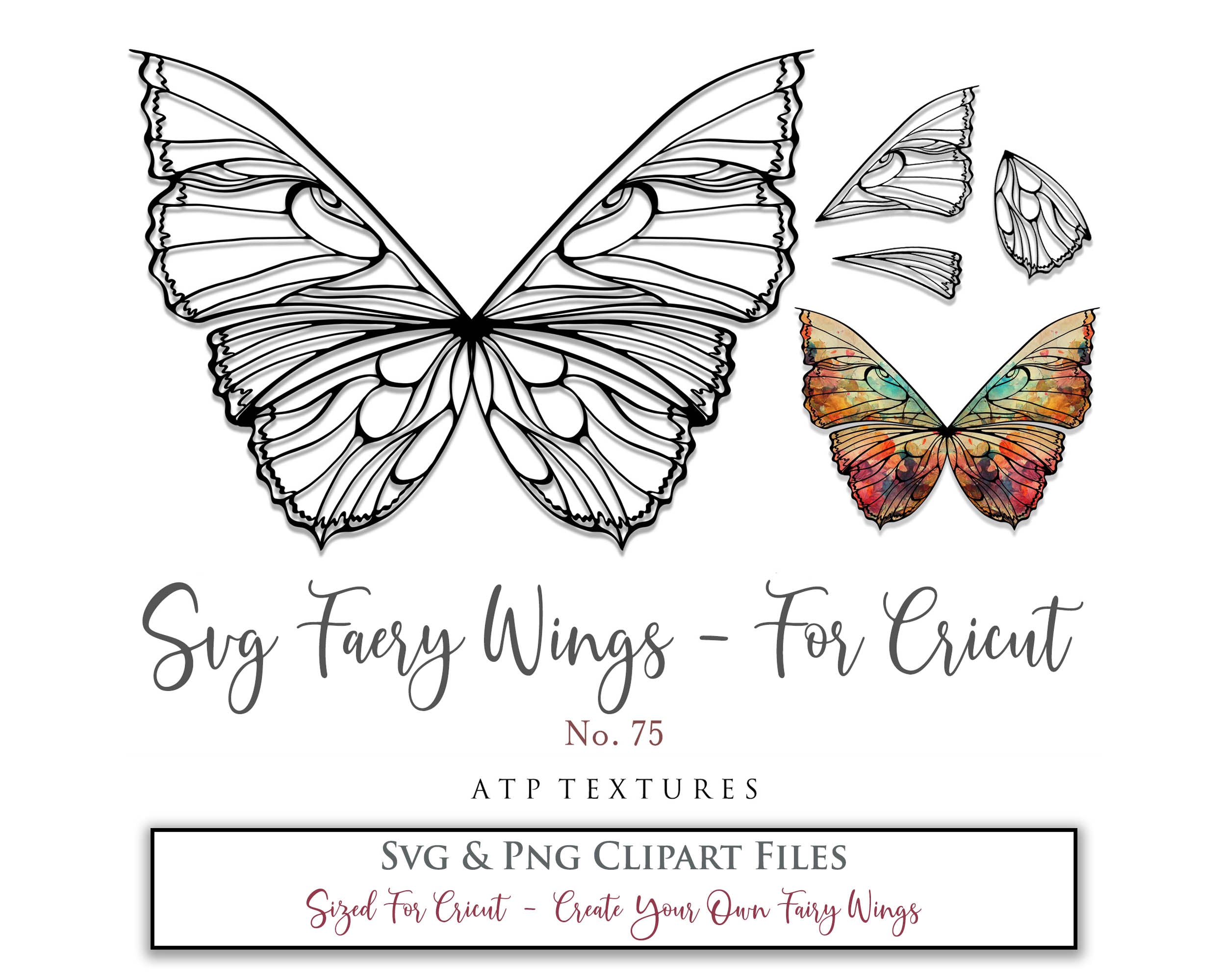 SVG & PNG Fairy/Angel Wing files for Cricut, Silhouette Cameo and other Cutting Machines. Create wearable fairy wings, all sizes. Perfect for Halloween Costumes, Fantasy, Cosplay, Photography. Prints, Wedding, Engagement, Baby Shower invitations, Sublimation Printing, Clip Art and more. Cut and assemble. ATP Textures.