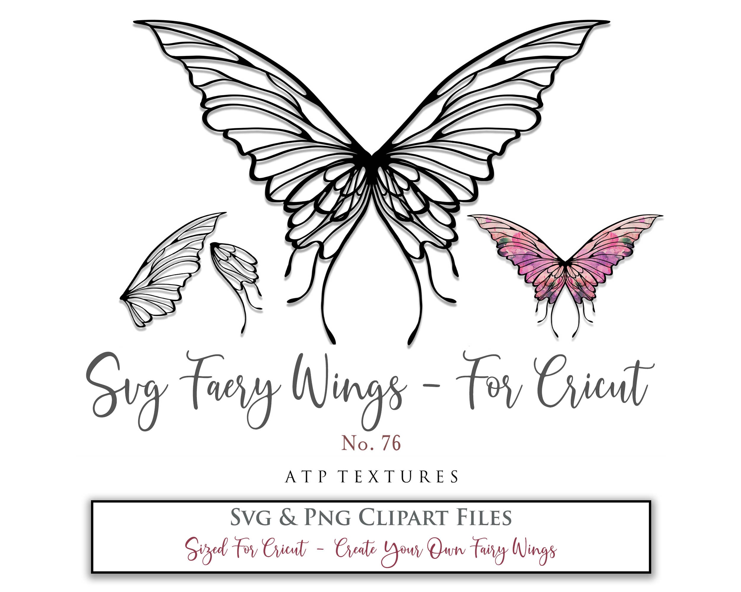 SVG & PNG Fairy/Angel Wing files for Cricut, Silhouette Cameo and other Cutting Machines. Create wearable fairy wings, all sizes. Perfect for Halloween Costumes, Fantasy, Cosplay, Photography. Prints, Wedding, Engagement, Baby Shower invitations, Sublimation Printing, Clip Art and more. Cut and assemble. ATP Textures.