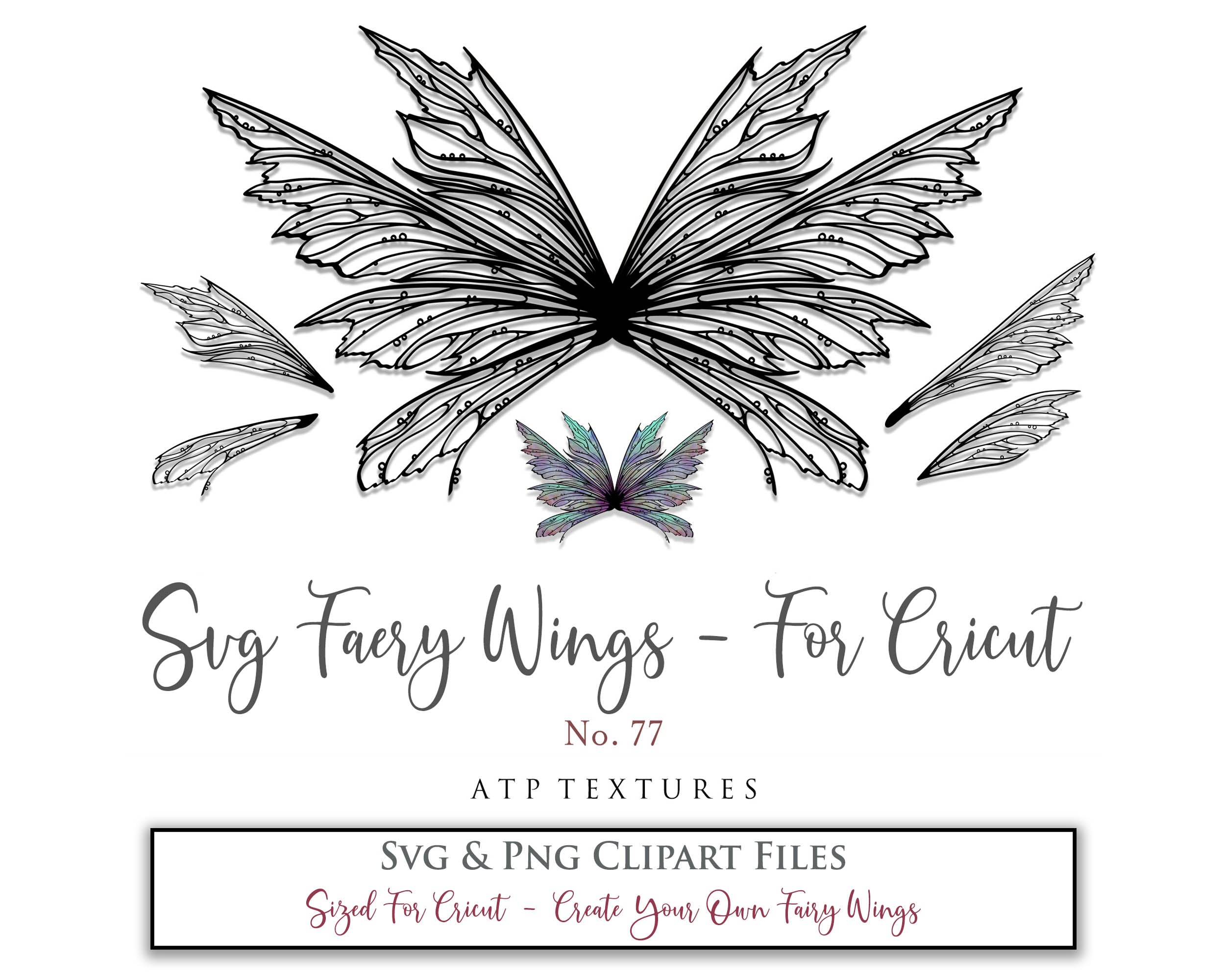 SVG & PNG Fairy/Angel Wing files for Cricut, Silhouette Cameo and other Cutting Machines. Create wearable fairy wings, all sizes. Perfect for Halloween Costumes, Fantasy, Cosplay, Photography. Prints, Wedding, Engagement, Baby Shower invitations, Sublimation Printing, Clip Art and more. Cut and assemble. ATP Textures.