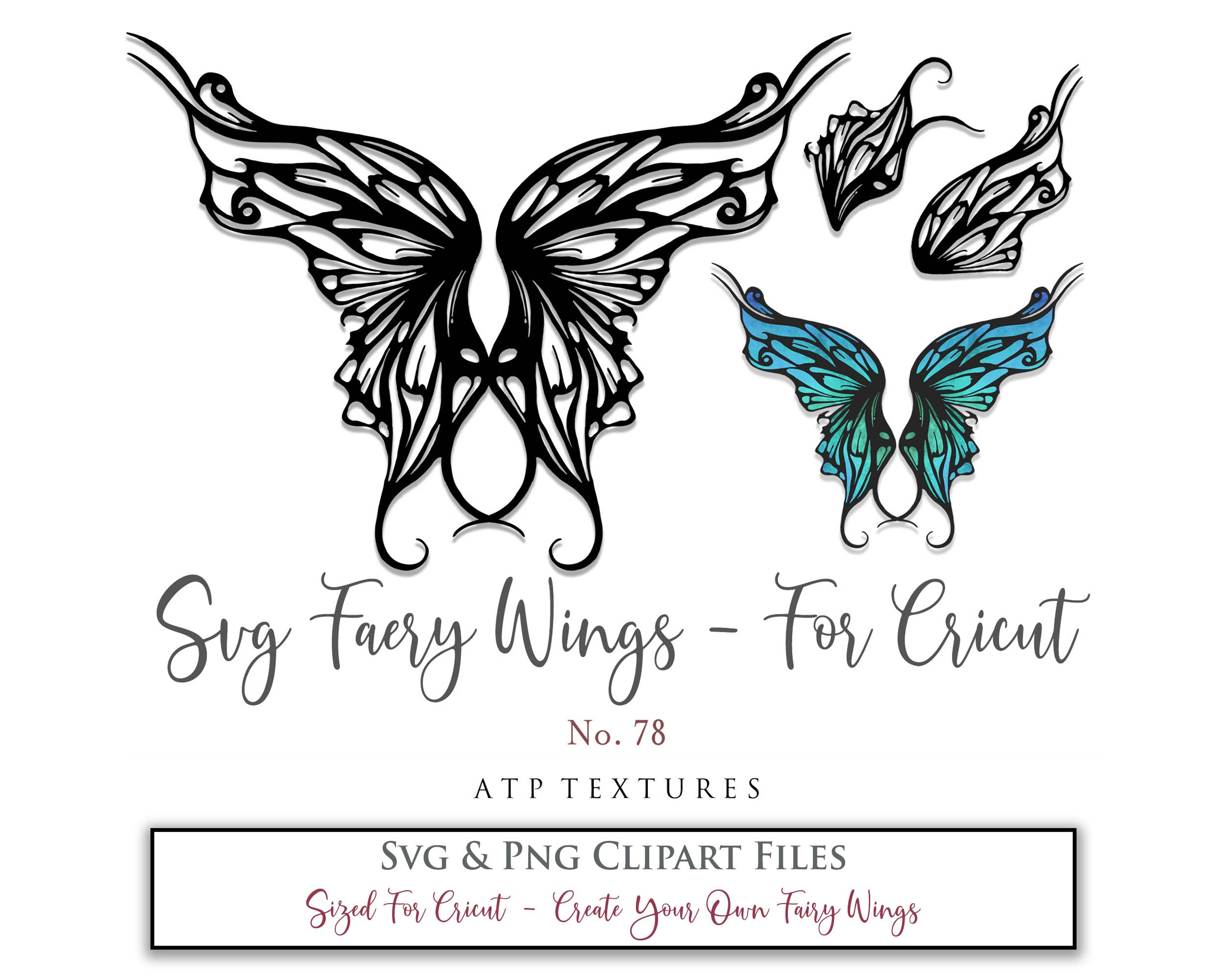 SVG & PNG Fairy/Angel Wing files for Cricut, Silhouette Cameo and other Cutting Machines. Create wearable fairy wings, all sizes. Perfect for Halloween Costumes, Fantasy, Cosplay, Photography. Prints, Wedding, Engagement, Baby Shower invitations, Sublimation Printing, Clip Art and more. Cut and assemble. ATP Textures.