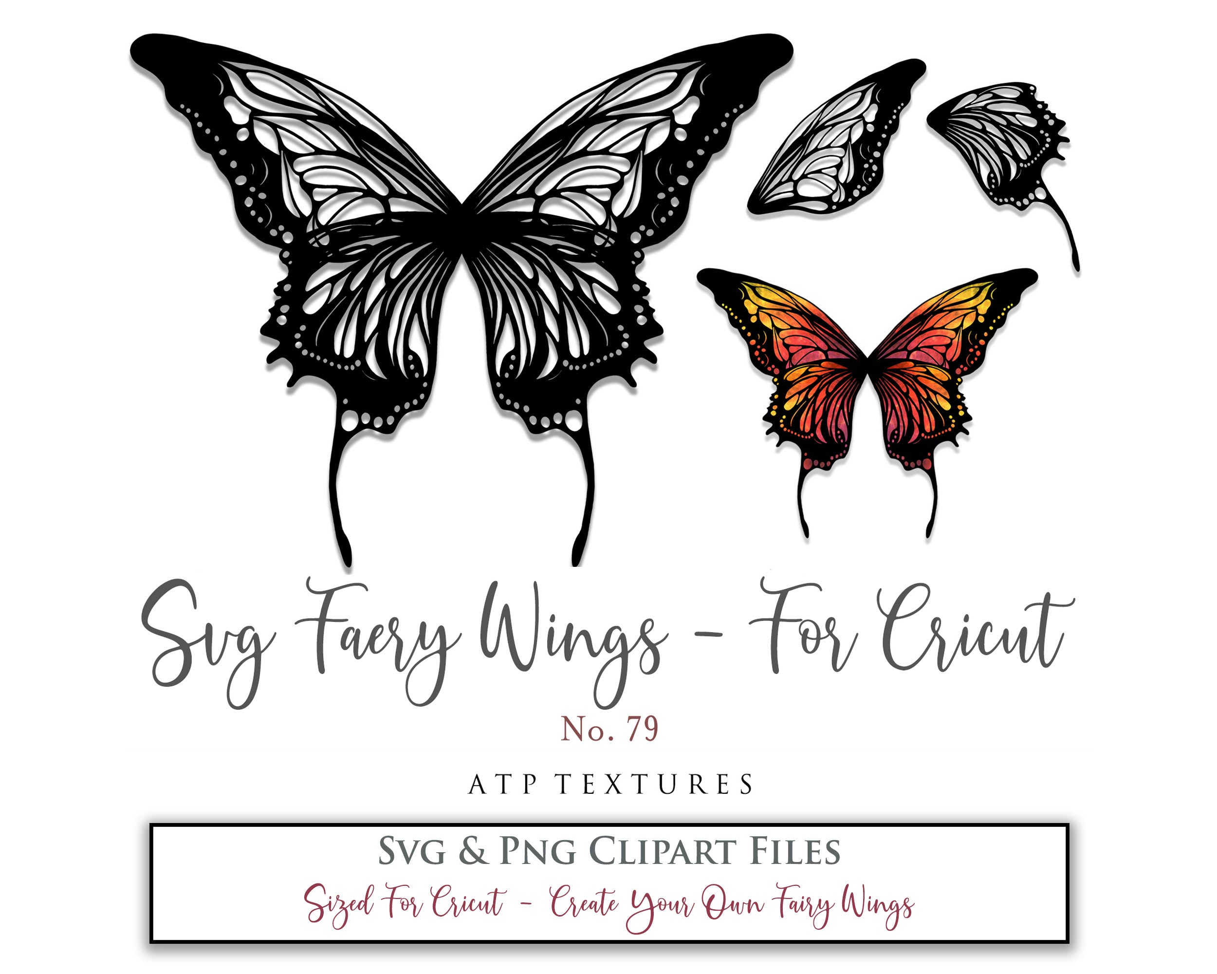SVG & PNG Fairy/Angel Wing files for Cricut, Silhouette Cameo and other Cutting Machines. Create wearable fairy wings, all sizes. Perfect for Halloween Costumes, Fantasy, Cosplay, Photography. Prints, Wedding, Engagement, Baby Shower invitations, Sublimation Printing, Clip Art and more. Cut and assemble. ATP Textures.