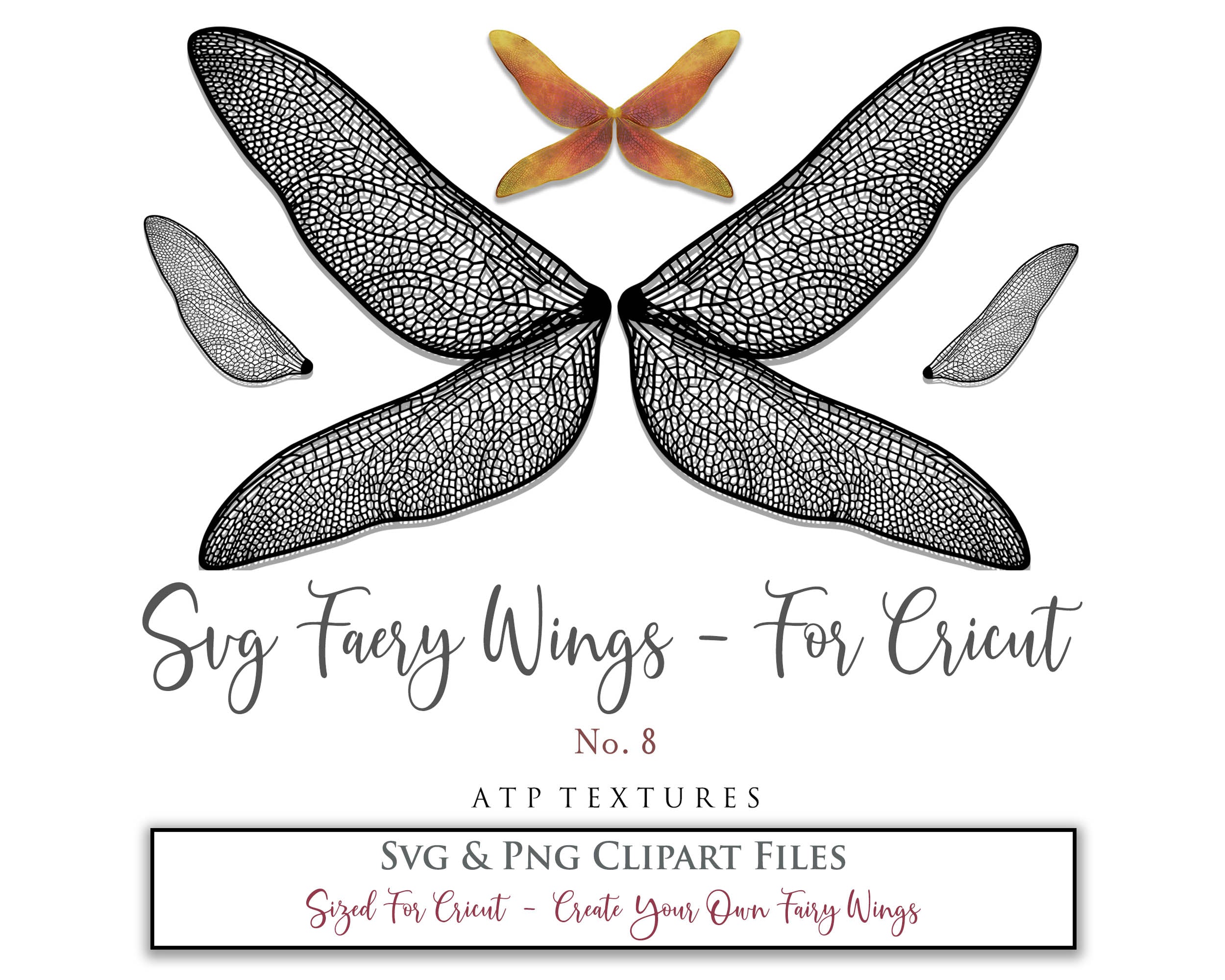 SVG & PNG Fairy/Angel Wing files for Cricut, Silhouette Cameo and other Cutting Machines. Create wearable fairy wings, all sizes. Perfect for Halloween Costumes, Fantasy, Cosplay, Photography. Prints, Wedding, Engagement, Baby Shower invitations, Sublimation Printing, Clip Art and more. Cut and assemble. ATP Textures.