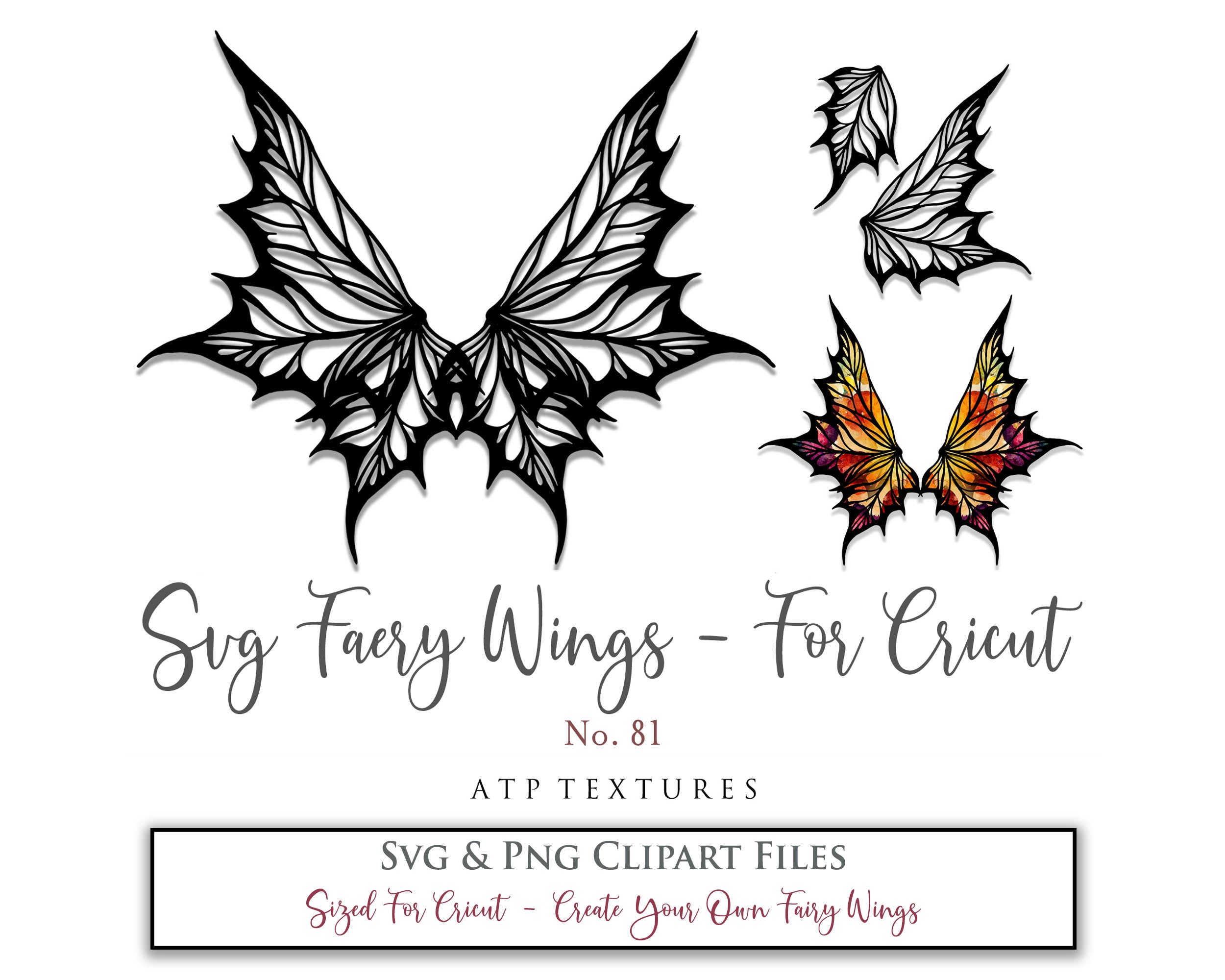 SVG & PNG Fairy/Angel Wing files for Cricut, Silhouette Cameo and other Cutting Machines. Create wearable fairy wings, all sizes. Perfect for Halloween Costumes, Fantasy, Cosplay, Photography. Prints, Wedding, Engagement, Baby Shower invitations, Sublimation Printing, Clip Art and more. Cut and assemble. ATP Textures.