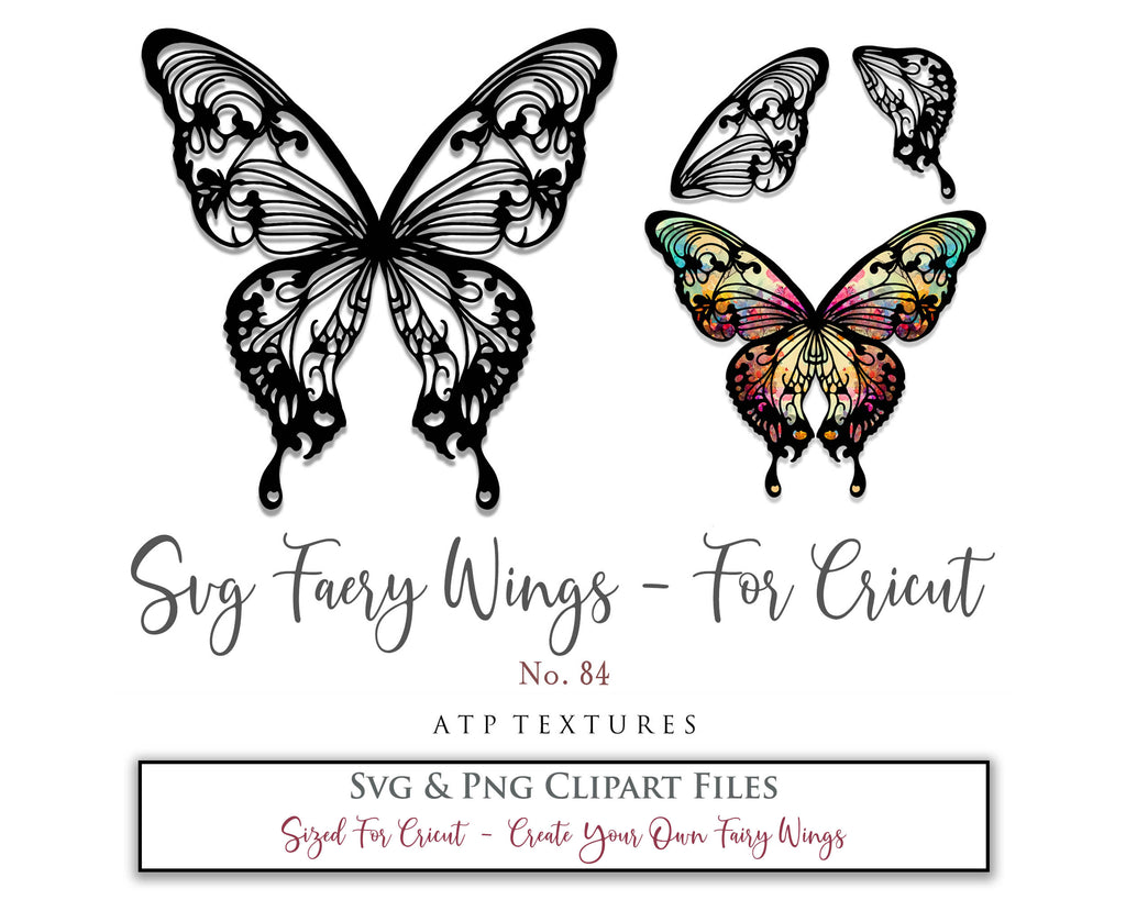 SVG & PNG Fairy/Angel Wing files for Cricut, Silhouette Cameo and other Cutting Machines. Create wearable fairy wings, all sizes. Perfect for Halloween Costumes, Fantasy, Cosplay, Photography. Prints, Wedding, Engagement, Baby Shower invitations, Sublimation Printing, Clip Art and more. Cut and assemble. ATP Textures.