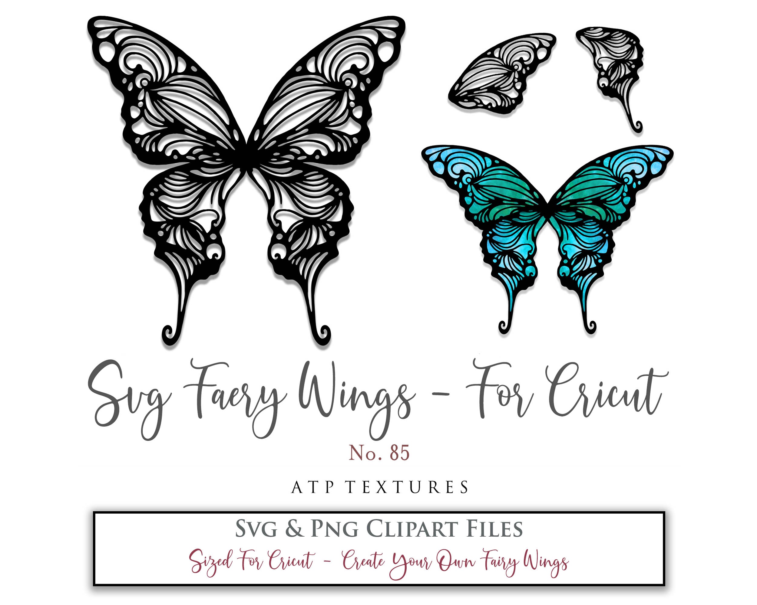 SVG & PNG Fairy/Angel Wing files for Cricut, Silhouette Cameo and other Cutting Machines. Create wearable fairy wings, all sizes. Perfect for Halloween Costumes, Fantasy, Cosplay, Photography. Prints, Wedding, Engagement, Baby Shower invitations, Sublimation Printing, Clip Art and more. Cut and assemble. ATP Textures.