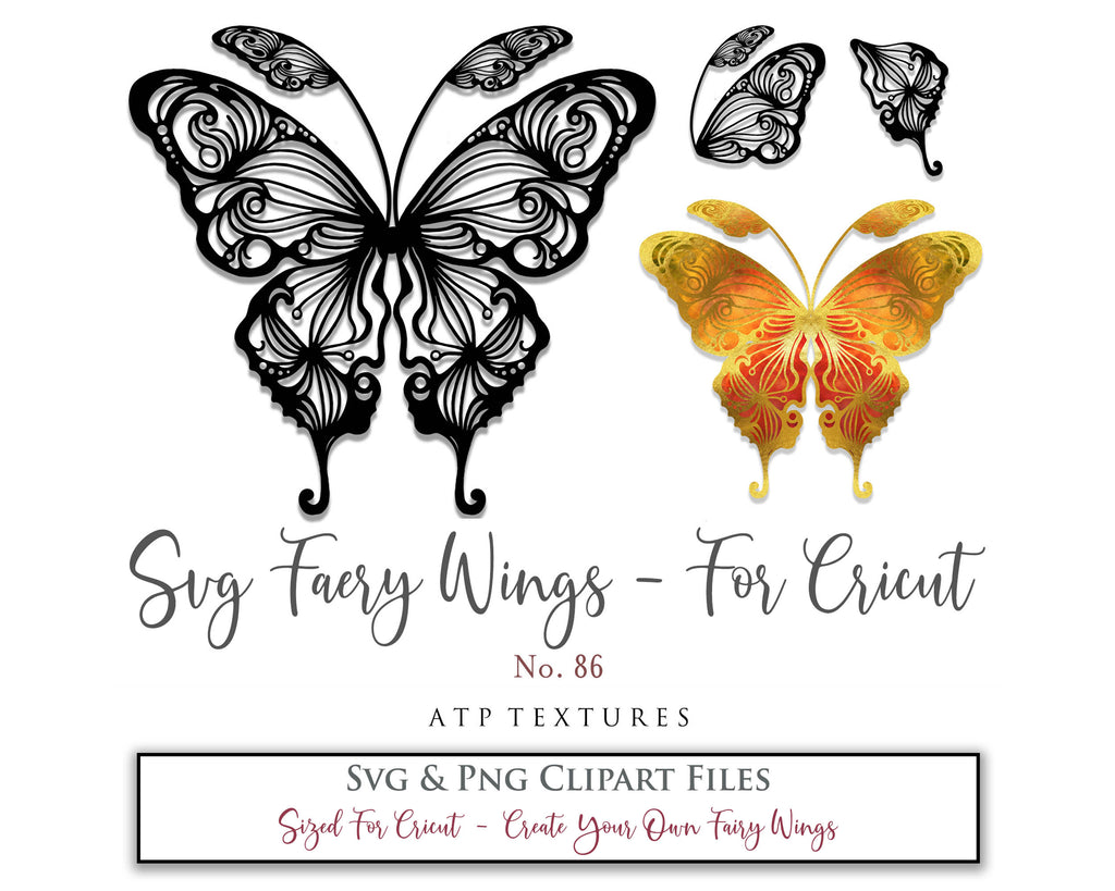 SVG & PNG Fairy/Angel Wing files for Cricut, Silhouette Cameo and other Cutting Machines. Create wearable fairy wings, all sizes. Perfect for Halloween Costumes, Fantasy, Cosplay, Photography. Prints, Wedding, Engagement, Baby Shower invitations, Sublimation Printing, Clip Art and more. Cut and assemble. ATP Textures.