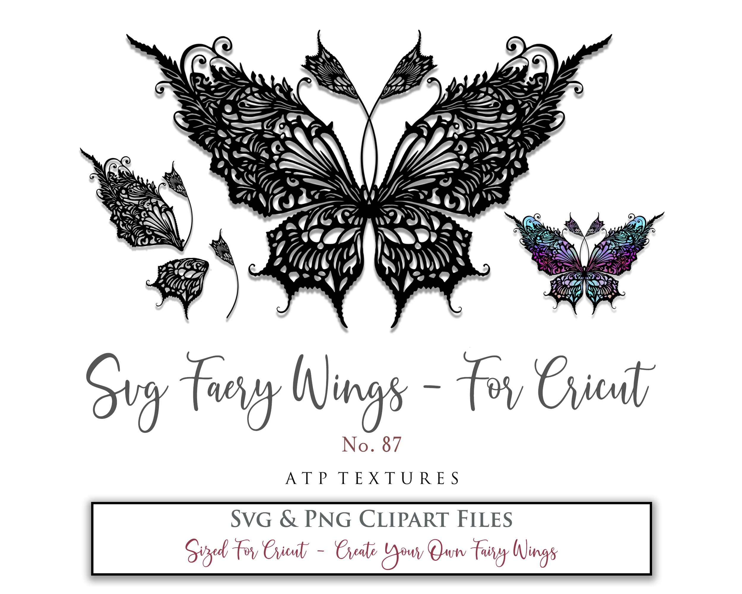 SVG & PNG Fairy/Angel Wing files for Cricut, Silhouette Cameo and other Cutting Machines. Create wearable fairy wings, all sizes. Perfect for Halloween Costumes, Fantasy, Cosplay, Photography. Prints, Wedding, Engagement, Baby Shower invitations, Sublimation Printing, Clip Art and more. Cut and assemble. ATP Textures.