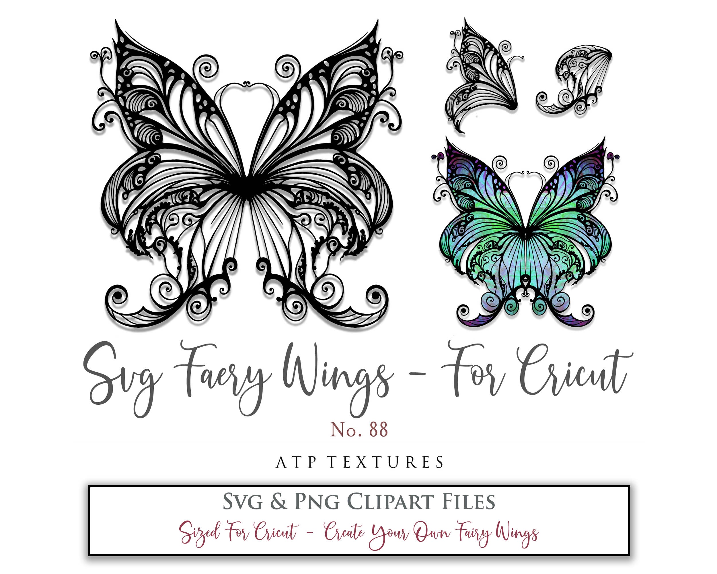 SVG & PNG Fairy/Angel Wing files for Cricut, Silhouette Cameo and other Cutting Machines. Create wearable fairy wings, all sizes. Perfect for Halloween Costumes, Fantasy, Cosplay, Photography. Prints, Wedding, Engagement, Baby Shower invitations, Sublimation Printing, Clip Art and more. Cut and assemble. ATP Textures.