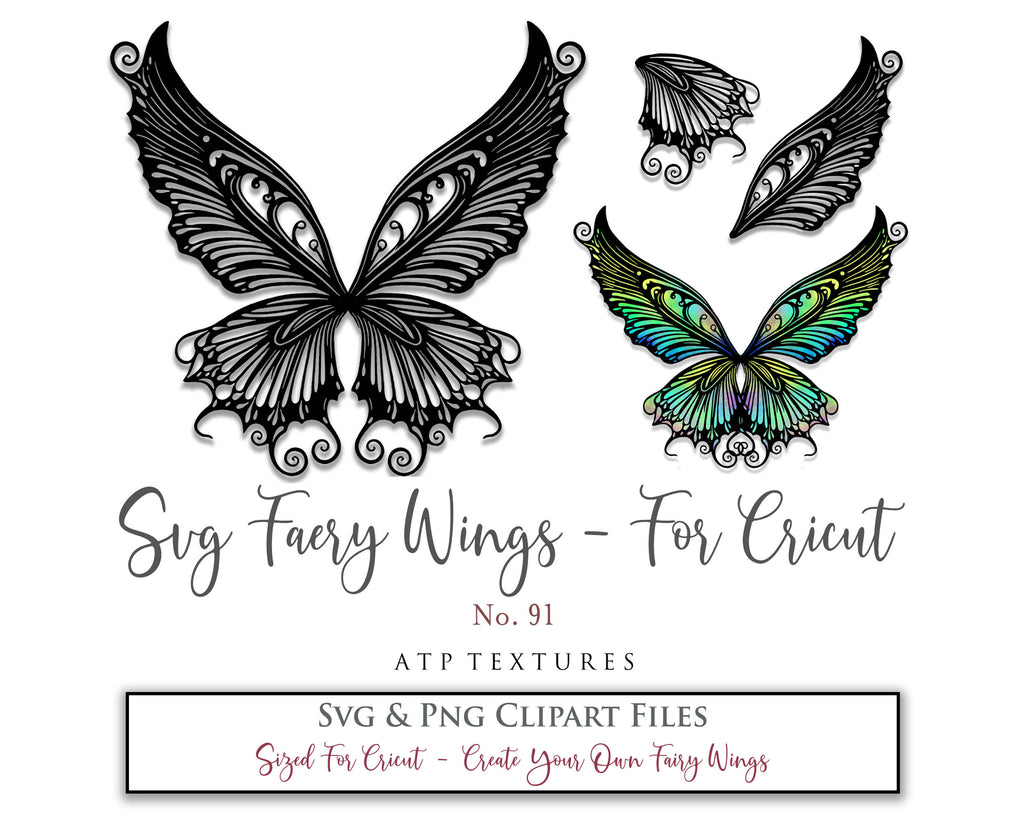 SVG & PNG Fairy/Angel Wing files for Cricut, Silhouette Cameo and other Cutting Machines. Create wearable fairy wings, all sizes. Perfect for Halloween Costumes, Fantasy, Cosplay, Photography. Prints, Wedding, Engagement, Baby Shower invitations, Sublimation Printing, Clip Art and more. Cut and assemble. ATP Textures.