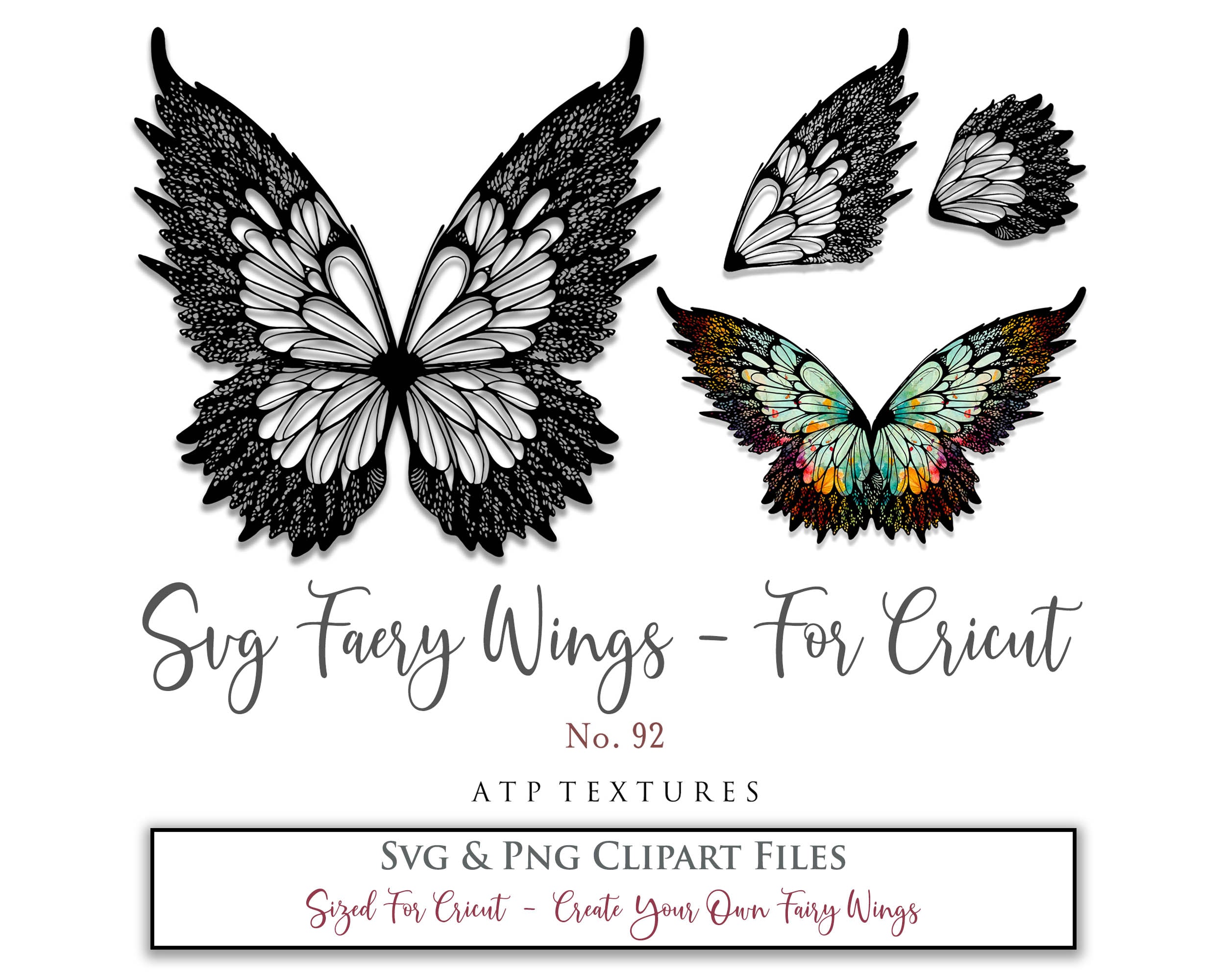 SVG & PNG Fairy/Angel Wing files for Cricut, Silhouette Cameo and other Cutting Machines. Create wearable fairy wings, all sizes. Perfect for Halloween Costumes, Fantasy, Cosplay, Photography. Prints, Wedding, Engagement, Baby Shower invitations, Sublimation Printing, Clip Art and more. Cut and assemble. ATP Textures.