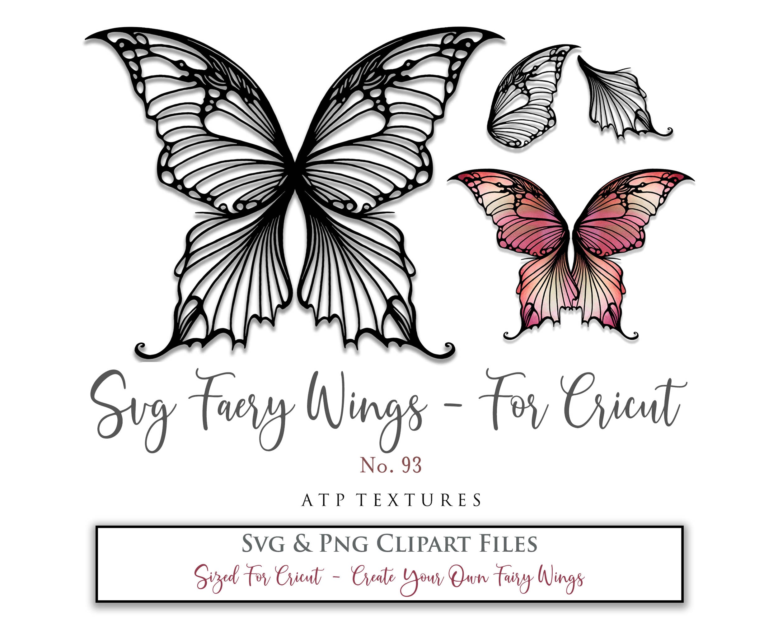 SVG & PNG Fairy/Angel Wing files for Cricut, Silhouette Cameo and other Cutting Machines. Create wearable fairy wings, all sizes. Perfect for Halloween Costumes, Fantasy, Cosplay, Photography. Prints, Wedding, Engagement, Baby Shower invitations, Sublimation Printing, Clip Art and more. Cut and assemble. ATP Textures.