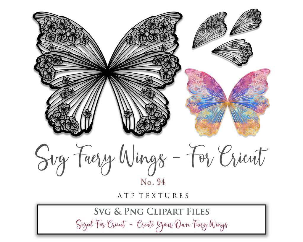 SVG & PNG Fairy/Angel Wing files for Cricut, Silhouette Cameo and other Cutting Machines. Create wearable fairy wings, all sizes. Perfect for Halloween Costumes, Fantasy, Cosplay, Photography. Prints, Wedding, Engagement, Baby Shower invitations, Sublimation Printing, Clip Art and more. Cut and assemble. ATP Textures.