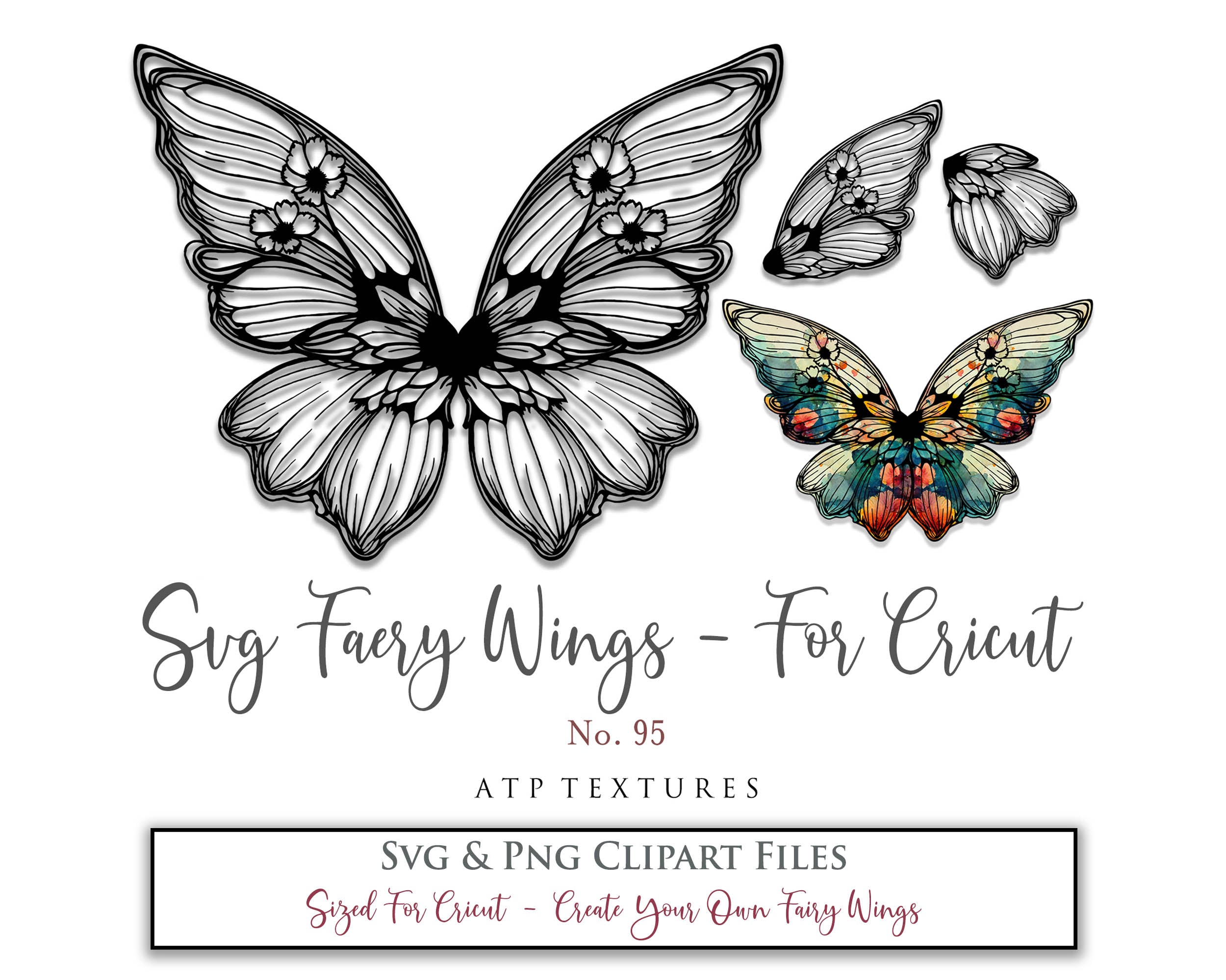 SVG & PNG Fairy/Angel Wing files for Cricut, Silhouette Cameo and other Cutting Machines. Create wearable fairy wings, all sizes. Perfect for Halloween Costumes, Fantasy, Cosplay, Photography. Prints, Wedding, Engagement, Baby Shower invitations, Sublimation Printing, Clip Art and more. Cut and assemble. ATP Textures.