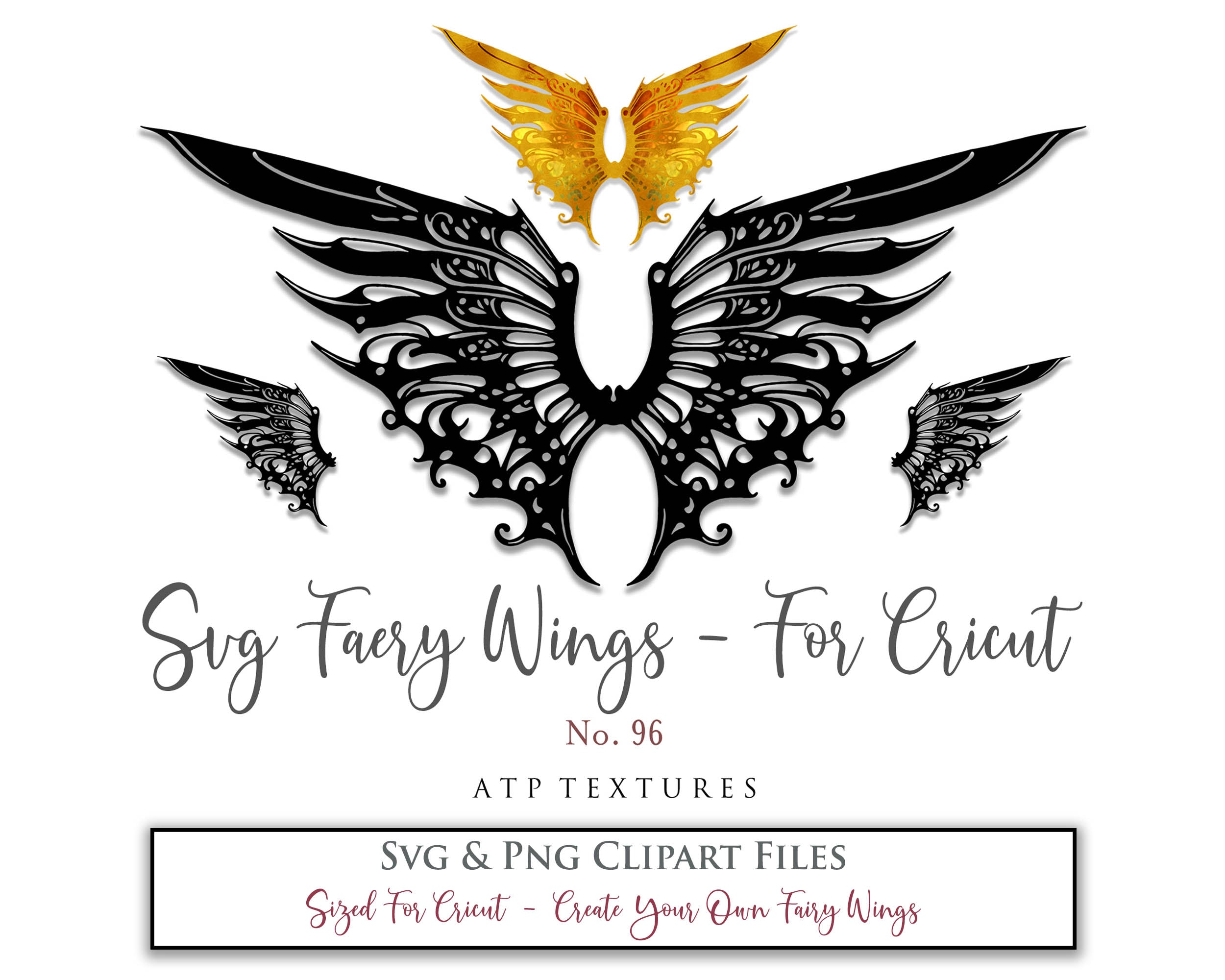SVG & PNG Fairy/Angel Wing files for Cricut, Silhouette Cameo and other Cutting Machines. Create wearable fairy wings, all sizes. Perfect for Halloween Costumes, Fantasy, Cosplay, Photography. Prints, Wedding, Engagement, Baby Shower invitations, Sublimation Printing, Clip Art and more. Cut and assemble. ATP Textures.