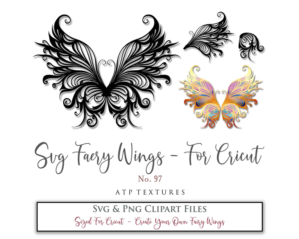 SVG & PNG Fairy/Angel Wing files for Cricut, Silhouette Cameo and other Cutting Machines. Create wearable fairy wings, all sizes. Perfect for Halloween Costumes, Fantasy, Cosplay, Photography. Prints, Wedding, Engagement, Baby Shower invitations, Sublimation Printing, Clip Art and more. Cut and assemble. ATP Textures.