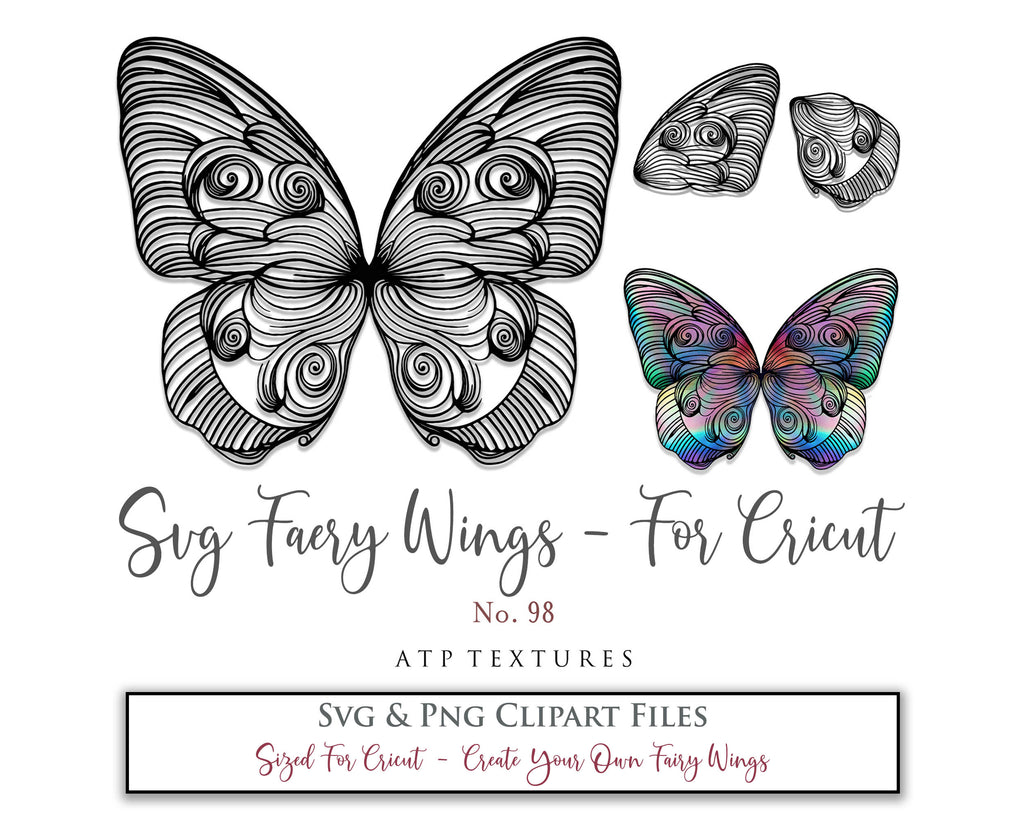 SVG & PNG Fairy/Angel Wing files for Cricut, Silhouette Cameo and other Cutting Machines. Create wearable fairy wings, all sizes. Perfect for Halloween Costumes, Fantasy, Cosplay, Photography. Prints, Wedding, Engagement, Baby Shower invitations, Sublimation Printing, Clip Art and more. Cut and assemble. ATP Textures.