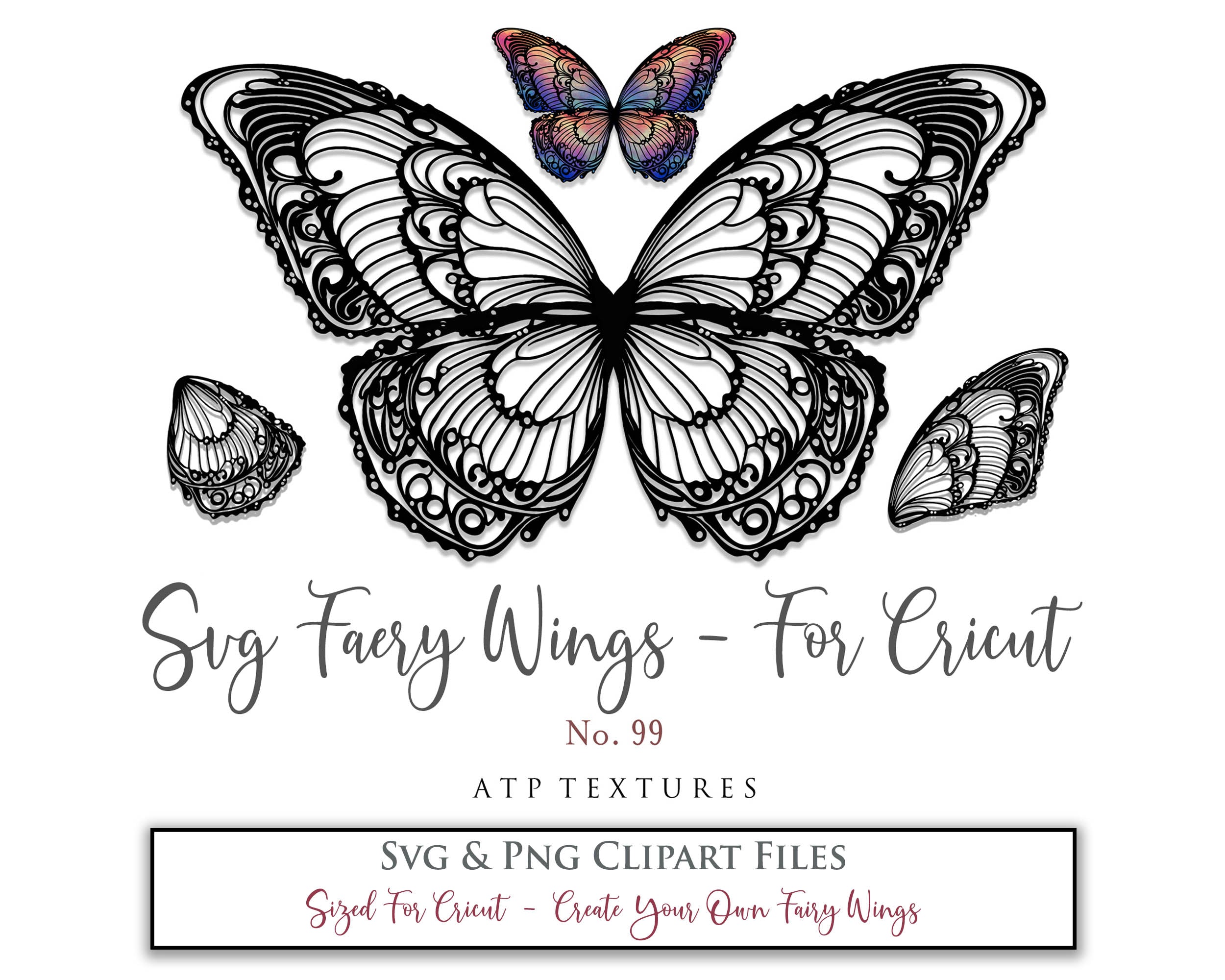 SVG & PNG Fairy/Angel Wing files for Cricut, Silhouette Cameo and other Cutting Machines. Create wearable fairy wings, all sizes. Perfect for Halloween Costumes, Fantasy, Cosplay, Photography. Prints, Wedding, Engagement, Baby Shower invitations, Sublimation Printing, Clip Art and more. Cut and assemble. ATP Textures.