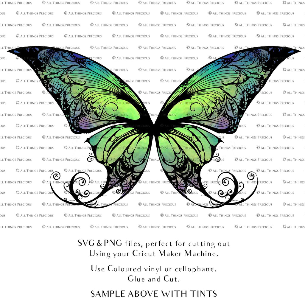 SVG & PNG Fairy Wing files for Cricut or Silhouette Cameo Cutting Machine. To create wearable fairy wings, in adult or children sizes. Graphic design for Halloween Costumes, Fantasy or Cosplay or photography. Print for weddings, engagements, baby shower invitations. DIY Printable. Fairycore, Cottagecore.